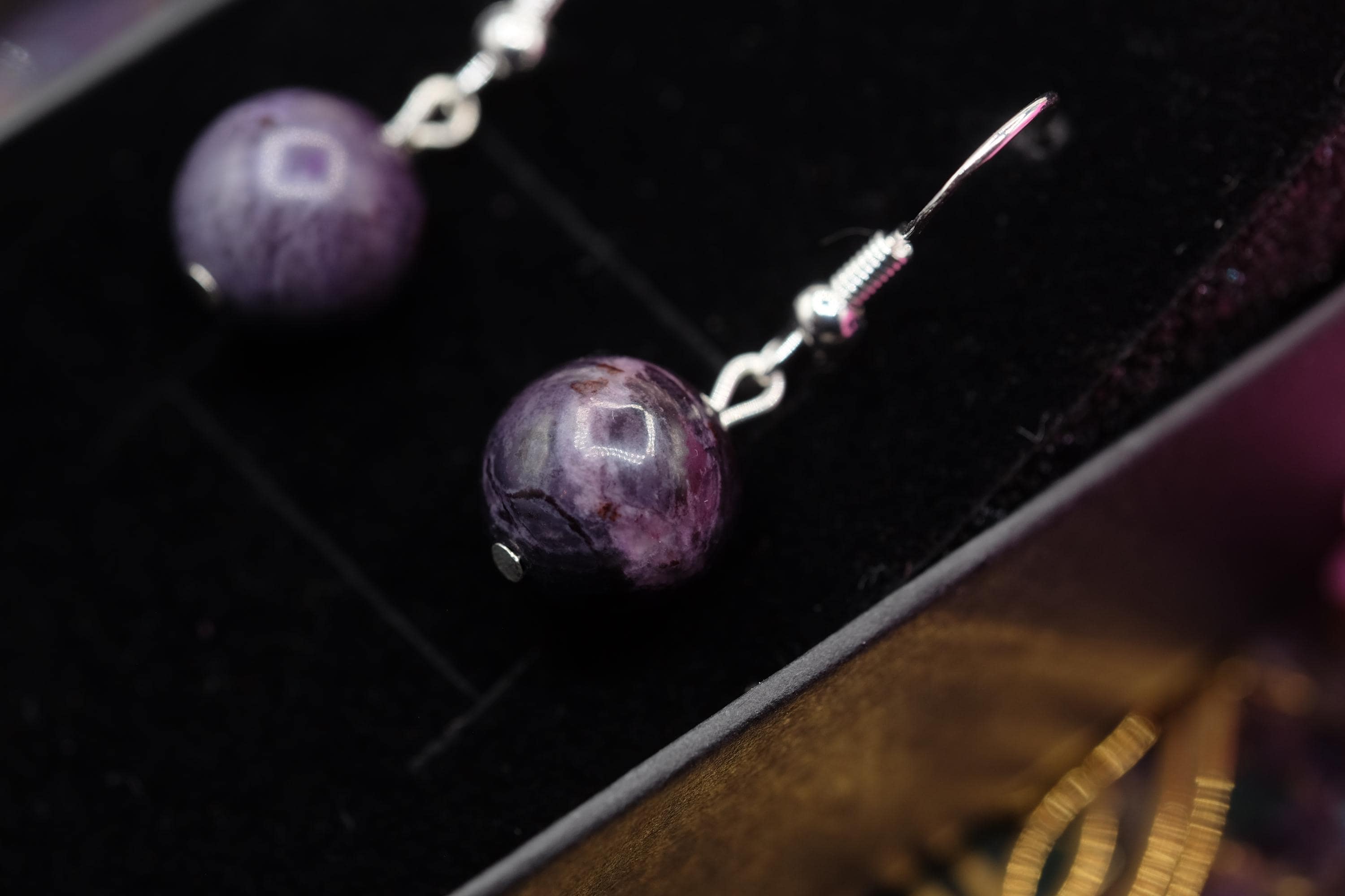 Aaa Natural Undyed Sugilite Old Stock 11mm Bead Dangle Drop Earrings Sterling Silver Or Gold