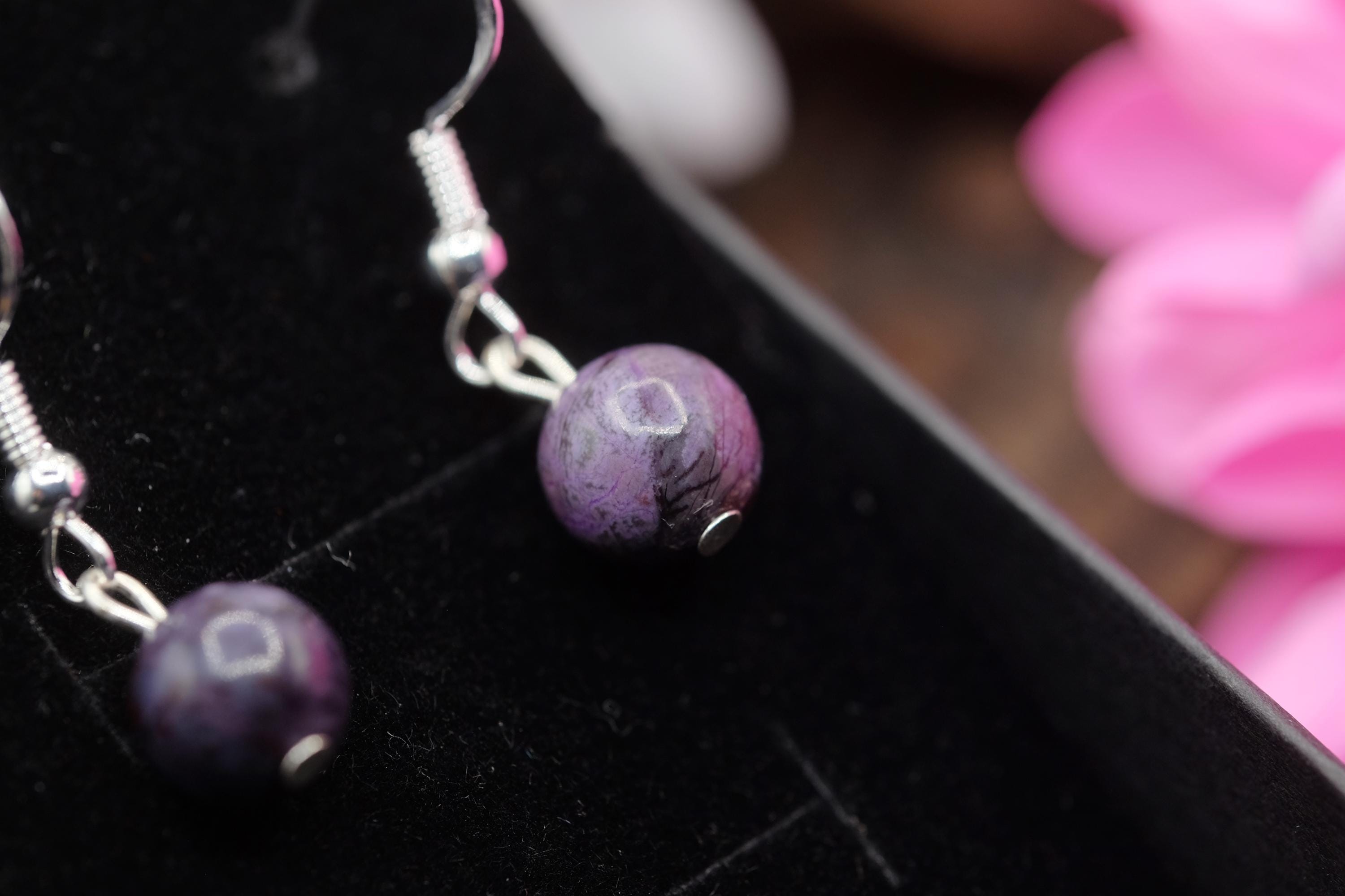 Aaa Natural Undyed Sugilite Old Stock 8mm Bead Dangle Drop Earrings Sterling Silver Or Gold