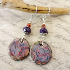 Boho Ceramic Earrings: Purple Sugilite and Red Crystals