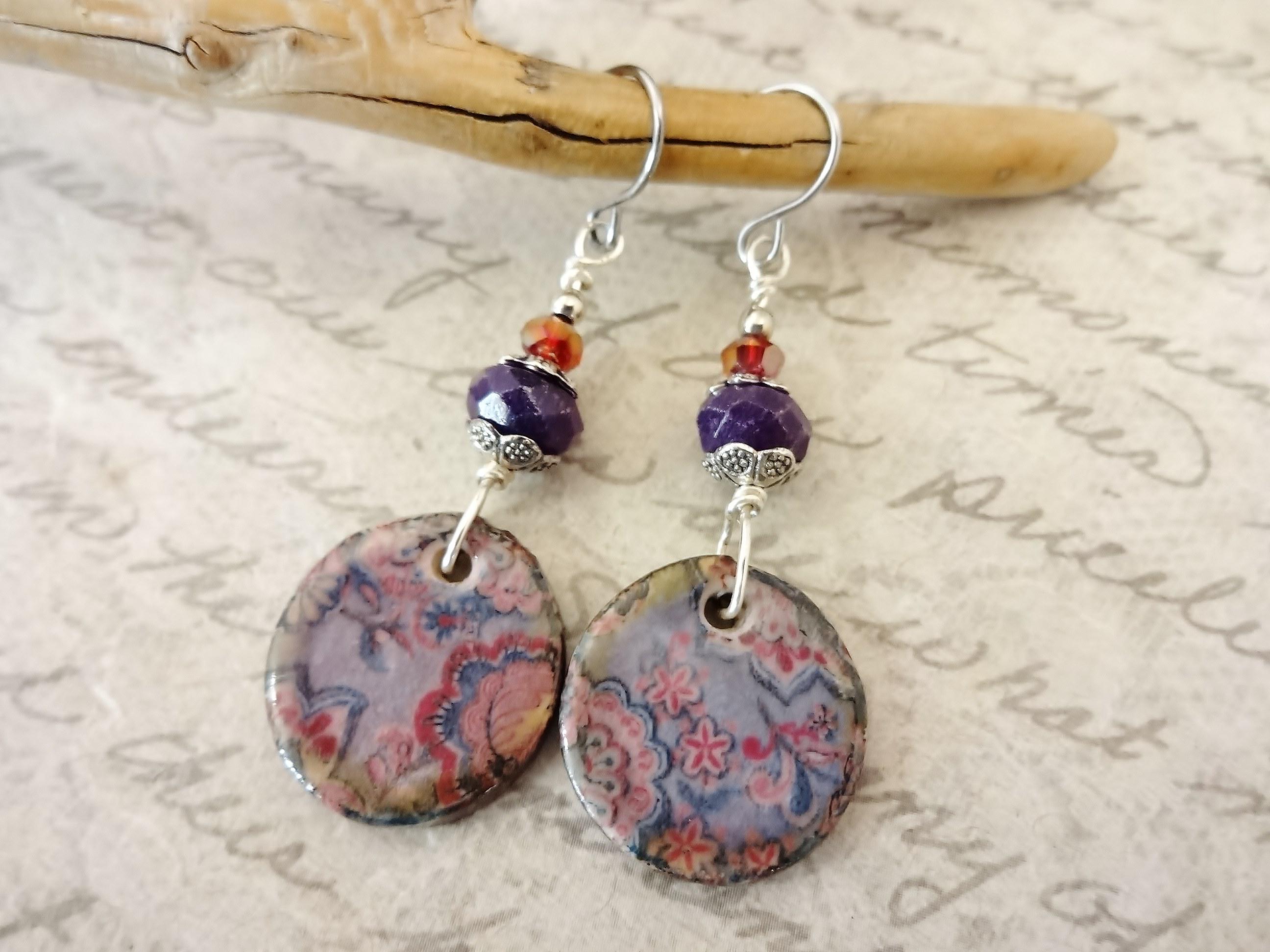 Boho Ceramic Earrings: Purple Sugilite And Red Crystals