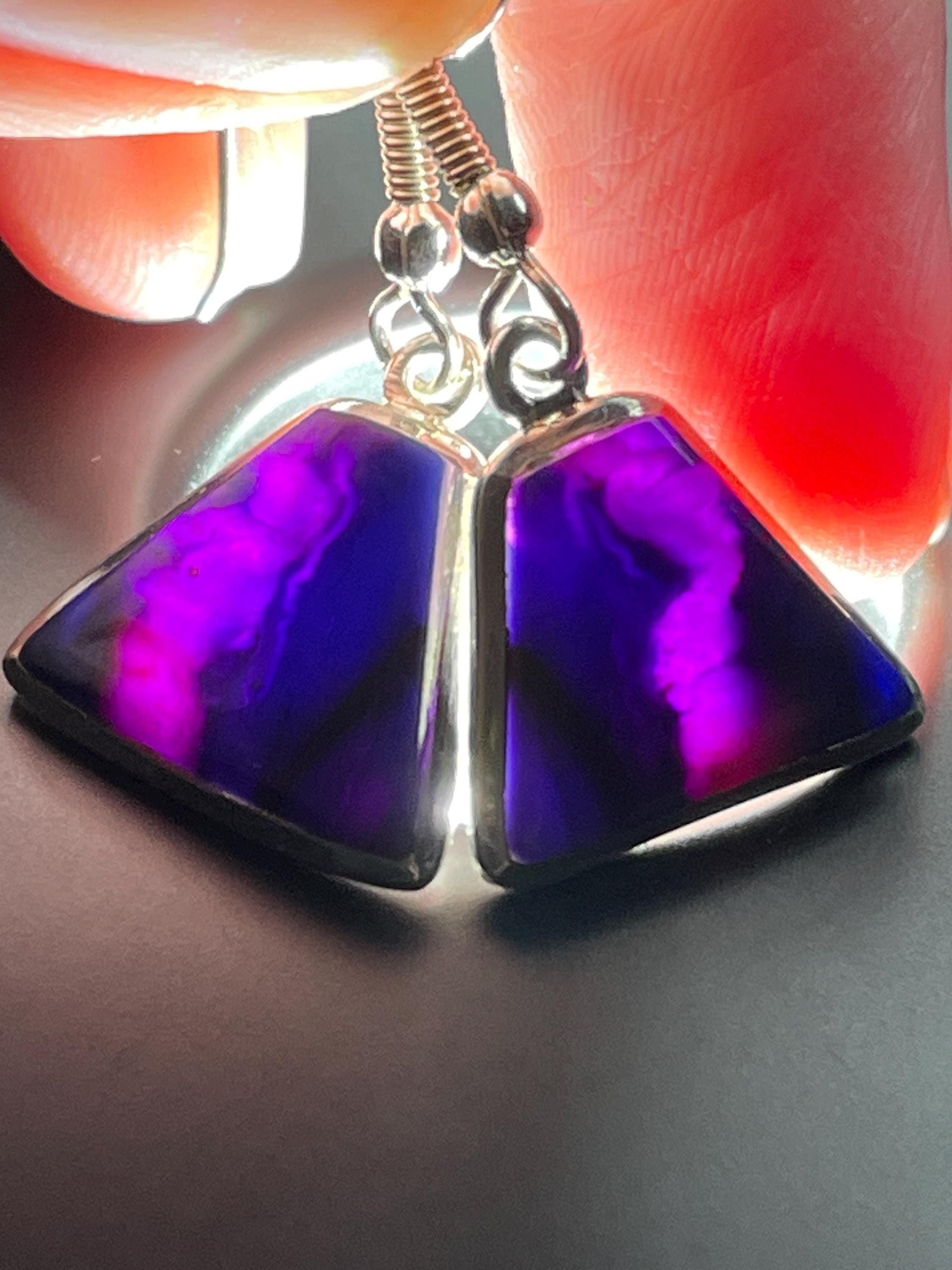 Sugilite Fan Earrings - Translucent Gel High Grade Natural Stone - Handmade With Solid Sterling Silver - Glowing Purple Blue Healing Crystal