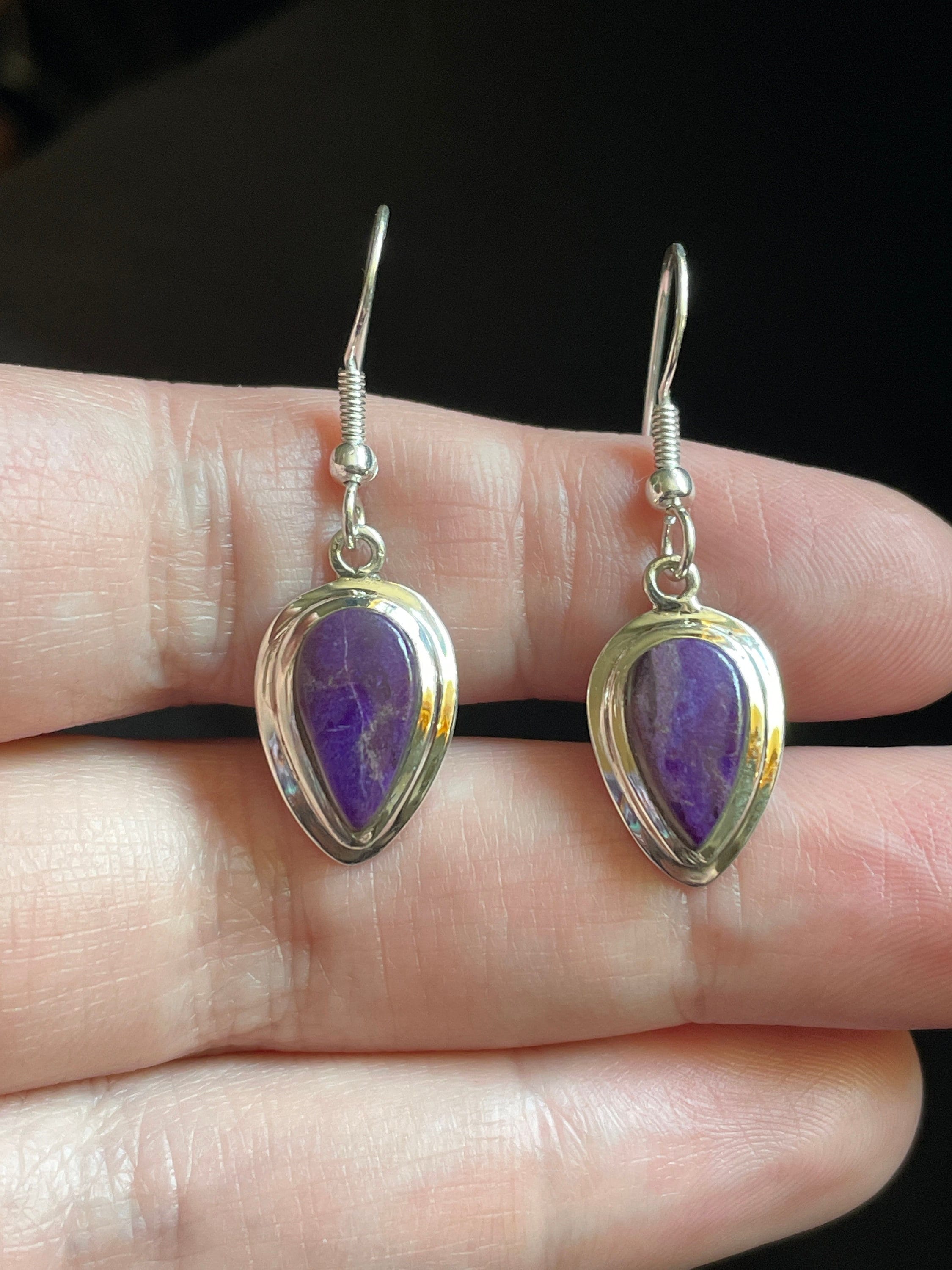 Genuine Sugilite Earrings - Solid Sterling Silver Bezel And Earwires - Natural Purple Color - High Vibration Healing Crystal