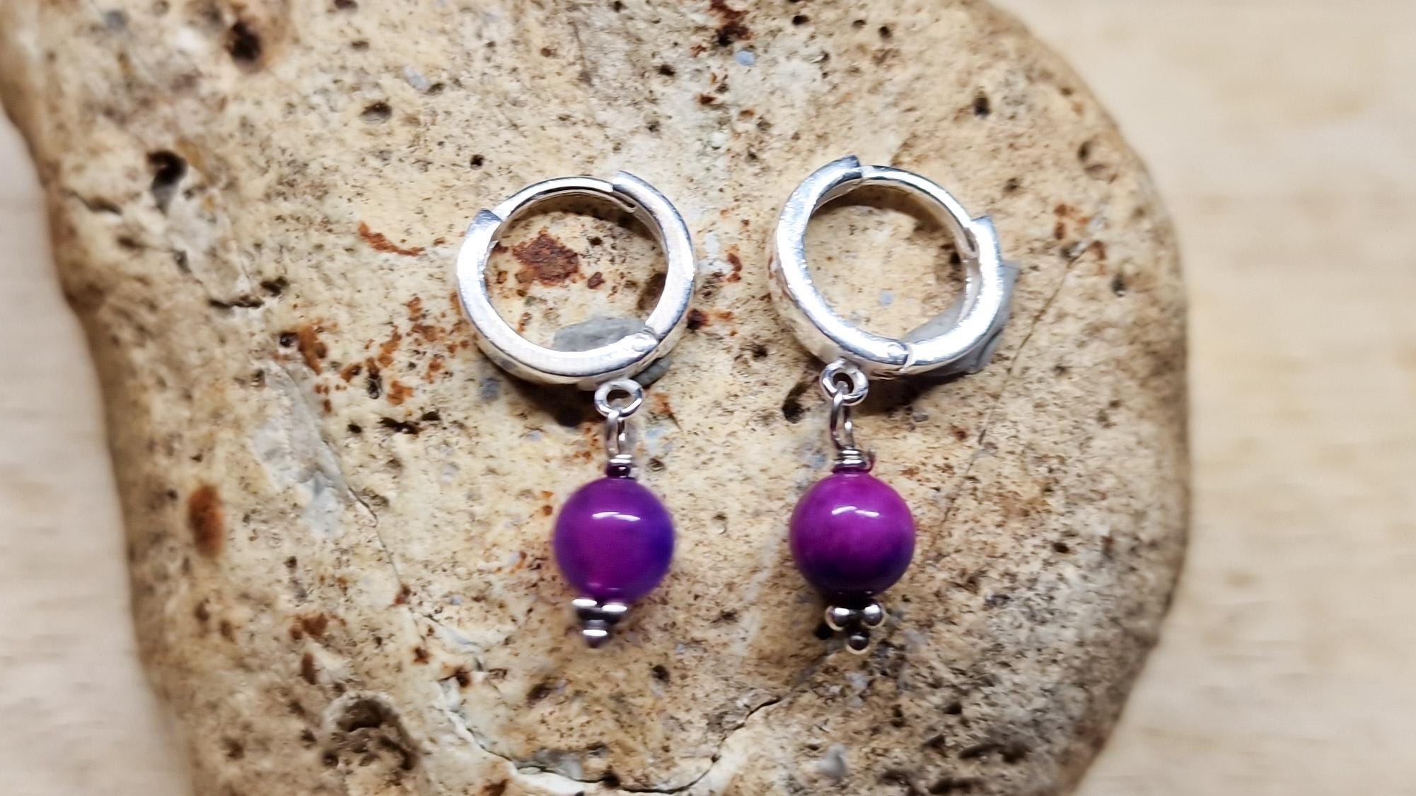 Sugilite Huggie Hoop Earrings. Purple Crystal Reiki Jewelry Uk. 12mm 925 Sterling Silver Hoops