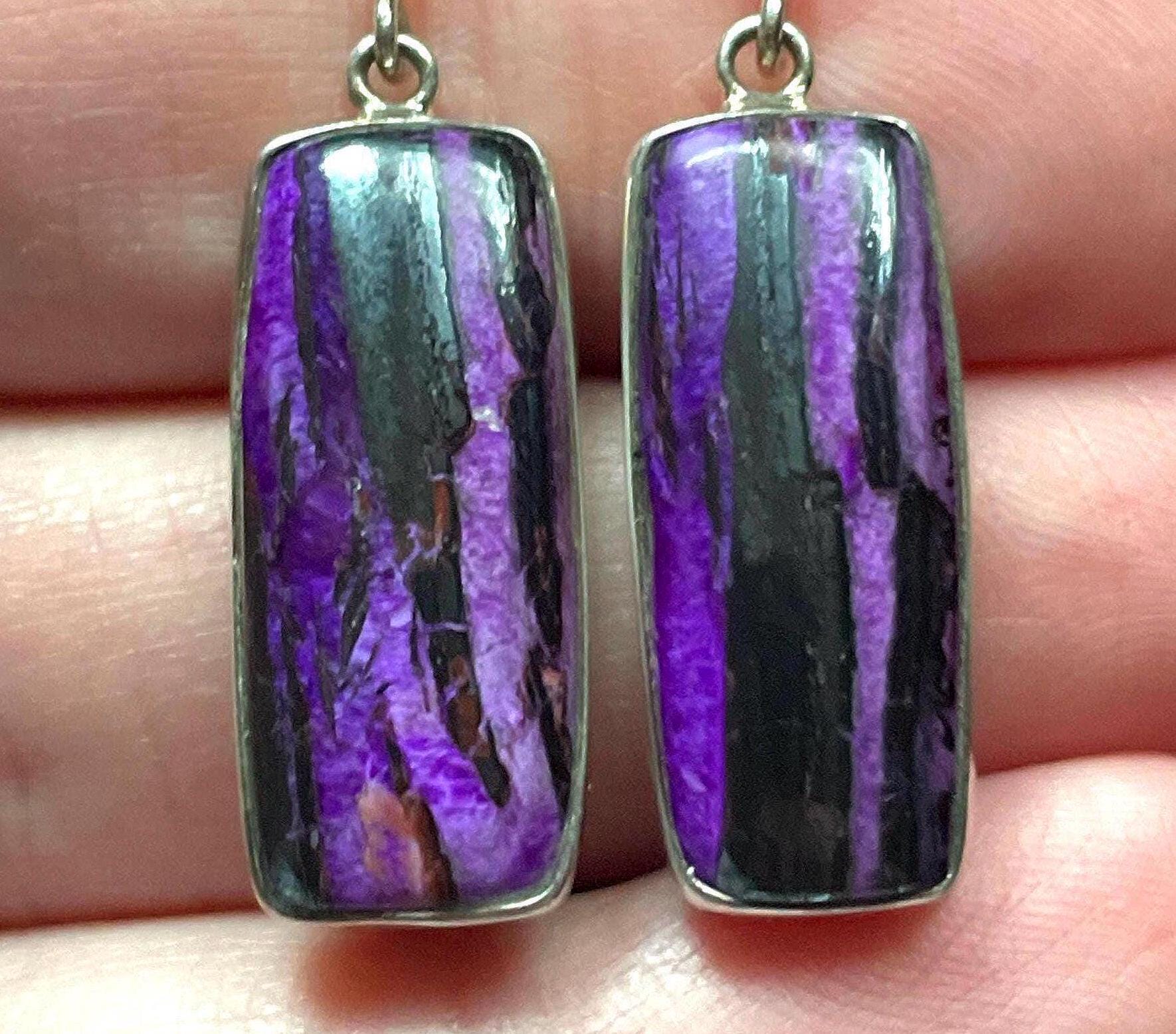 Sugilite Earrings - Stripes! Amazing High Grade Natural Sugilite - Bright Purple And Black - Handmade With Solid Sterling Silver