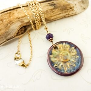 Purple Gold Ceramic Sunflower Necklace, Sugilite Rondelle, 20" Gold Plated Chain