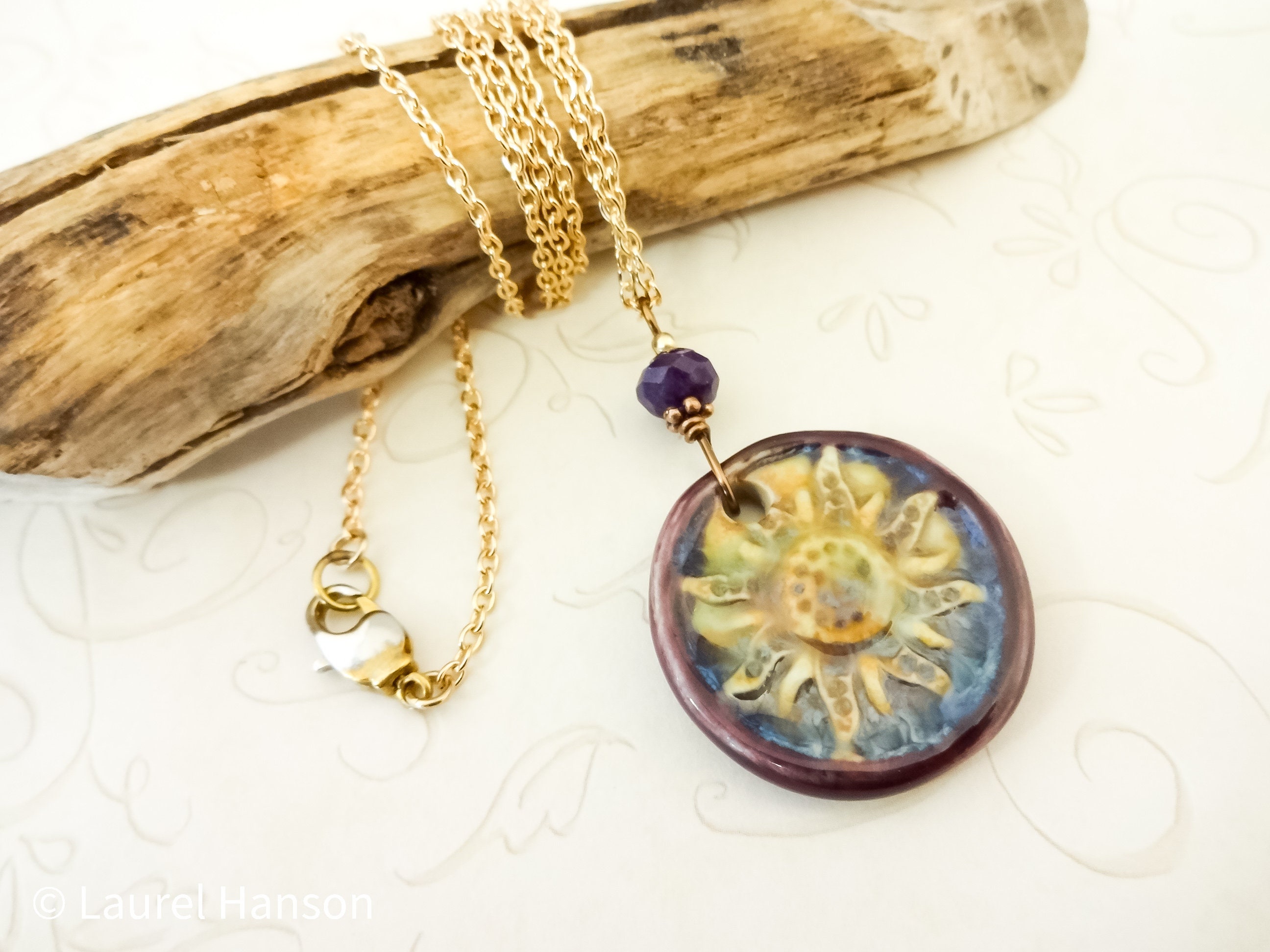 Purple Gold Ceramic Sunflower Necklace, Sugilite Rondelle, 20" Gold Plated Chain