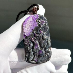 163.83 Carats, Certified Natural Africa Sugilite Carved Nine Tailed Fox Pendant, Sugilite Pendant Necklace, 南非国石抗癌石舒俱来吊坠