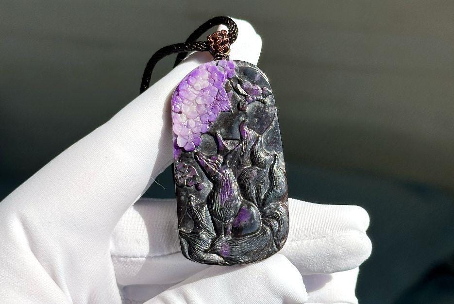 163.83 Carats, Certified Natural Africa Sugilite Carved Nine Tailed Fox Pendant, Sugilite Pendant Necklace, 南非国石抗癌石舒俱来吊坠