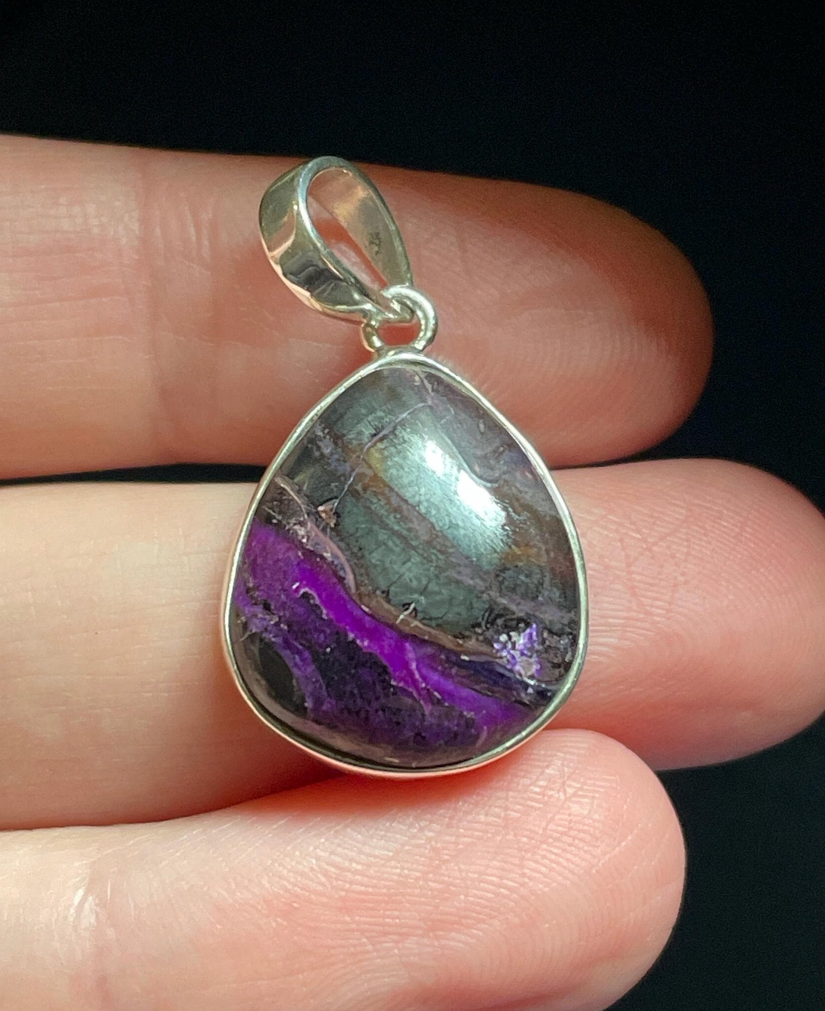 Sugilite Droplet Pendant - Pretty Purple Vein In Metallic Matrix - Genuine Sugilite - Handmade With Solid Sterling Silver - Healing Love