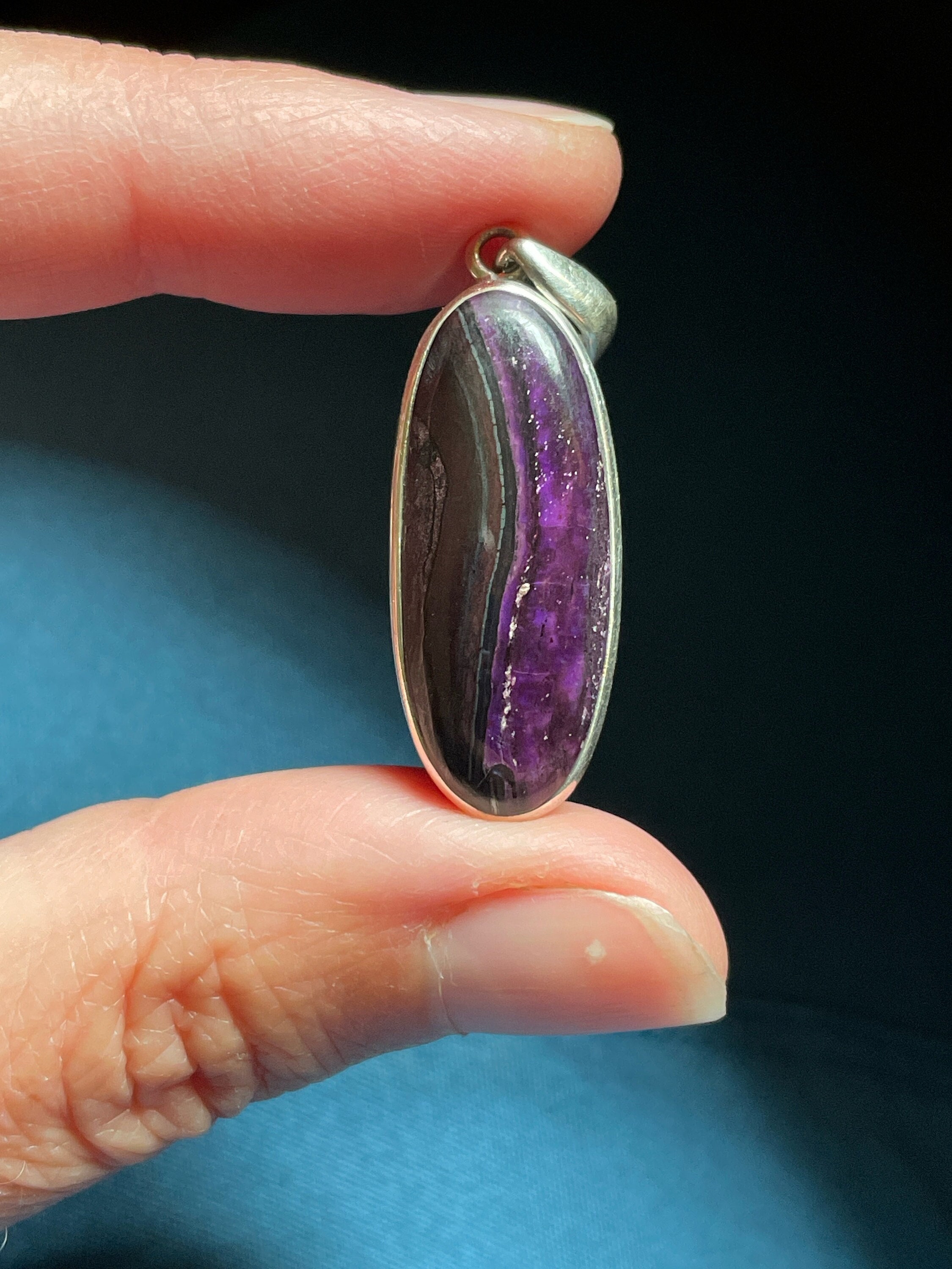 Elegant Sugilite River Pendant - Deep Purple Black - Genuine Sugilite - Handmade With Solid Sterling Silver - Long Oval - Spiritual Necklace