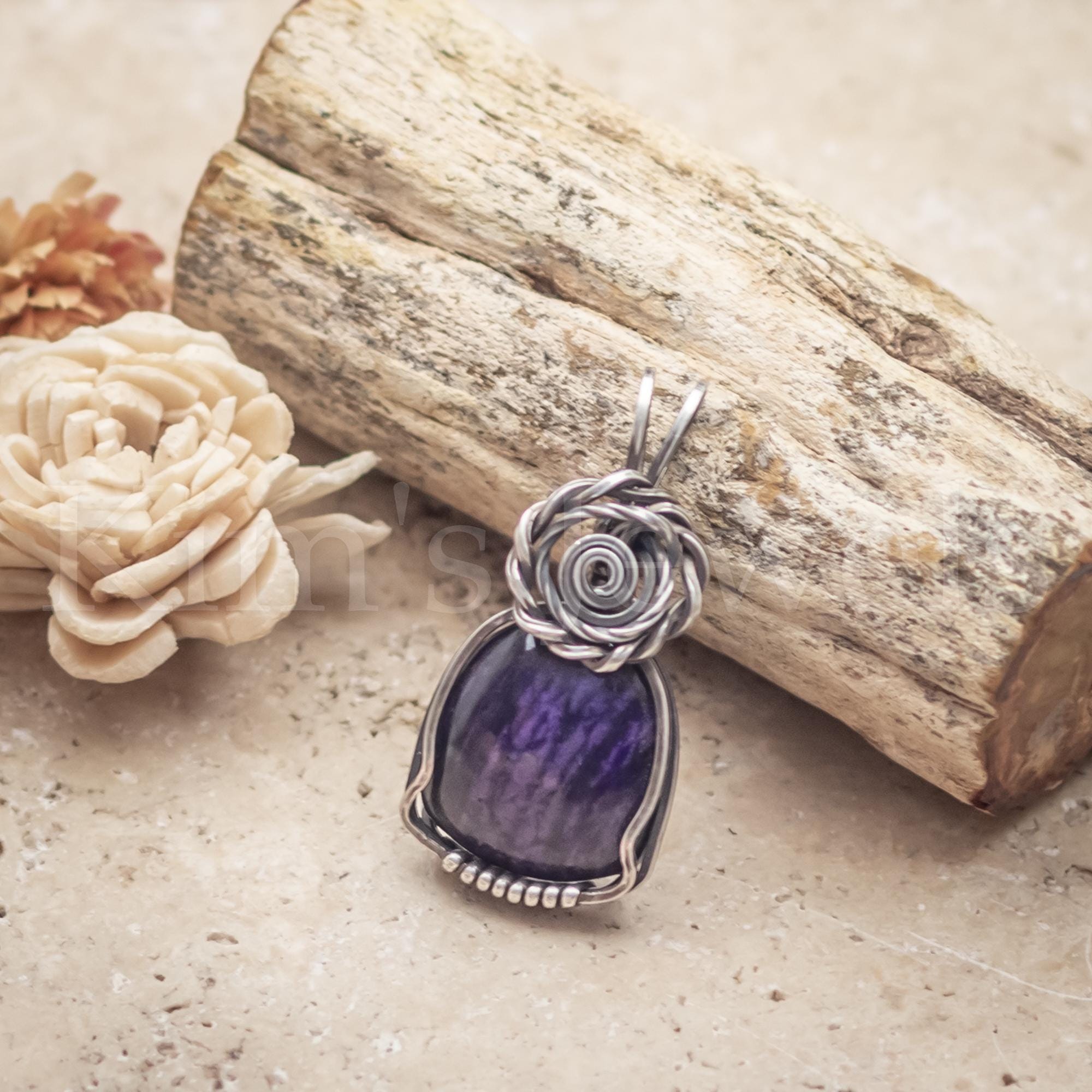 Sugilite Gemstone, Oxidized Sterling Silver Wire Wrapped Mini Pendant