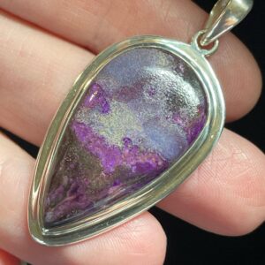 Genuine Sugilite Shield Pendant - Unique Purple Black Patterns - Handmade With Solid Sterling Silver - Protective Healing Crystal Necklace