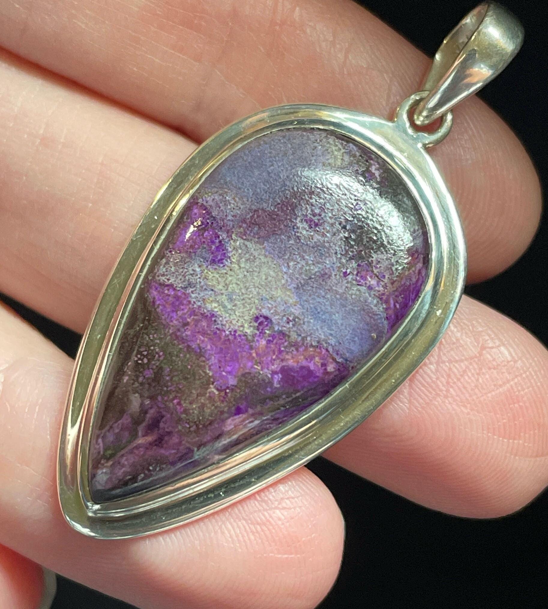 Genuine Sugilite Shield Pendant - Unique Purple Black Patterns - Handmade With Solid Sterling Silver - Protective Healing Crystal Necklace