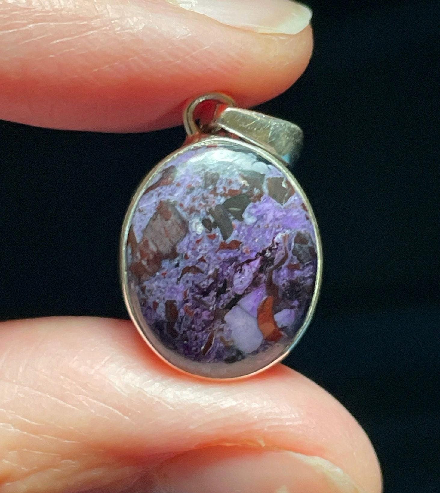 Little Sugilite Mosaic Pendant - Genuine Sugilite - Handmade With Solid Sterling Silver - Small Oval Setting - Love And Protection Stone