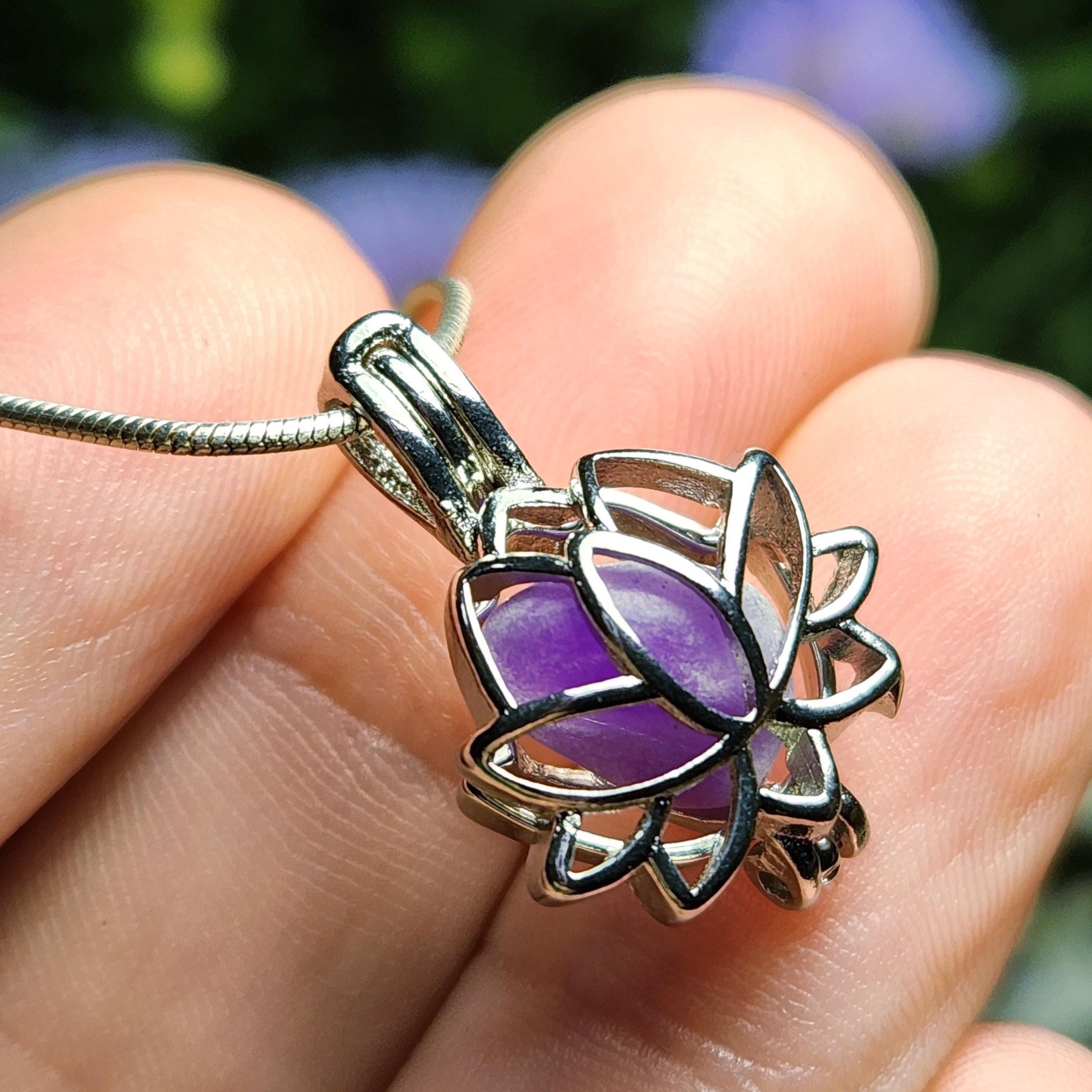 Sugilite Lotus Pendant: Polished Sugilite Cage Necklace Sugilite Lotus Pendant: Polished Sugilite Cage Necklace