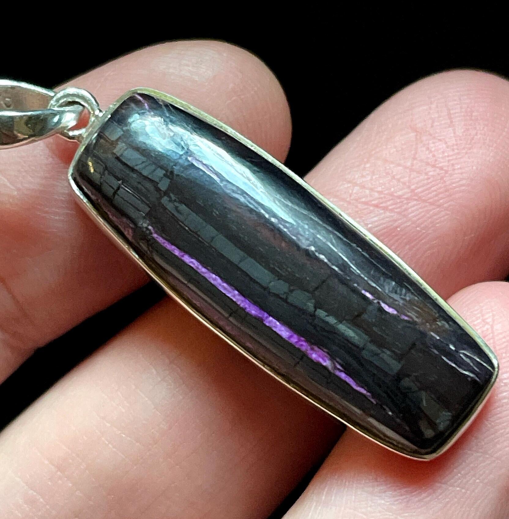 Mysterious Sugilite Pendant - Elegant Long Sterling Silver Setting - Unique Purple Black Patterns - Handmade With Genuine Sugilite - Healing