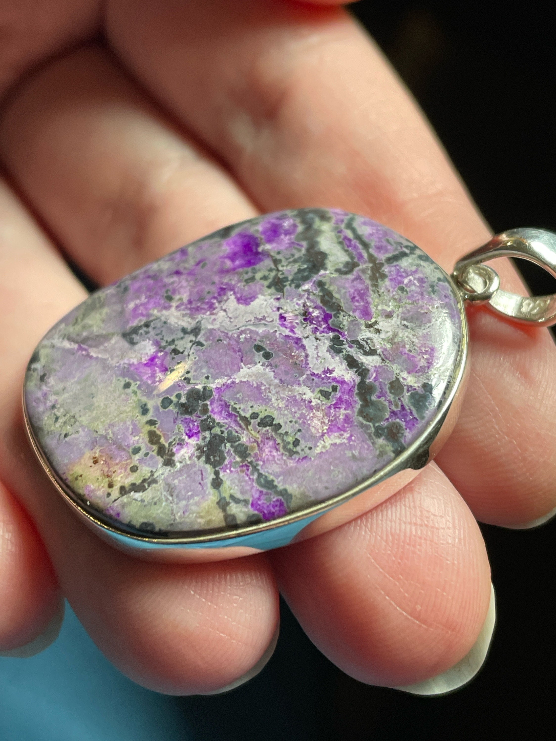 Mystery Green Sugilite Pendant - Painterly Purple Gray Green Patterns - Rare - Handmade With Solid Sterling Silver & Genuine Sugilite