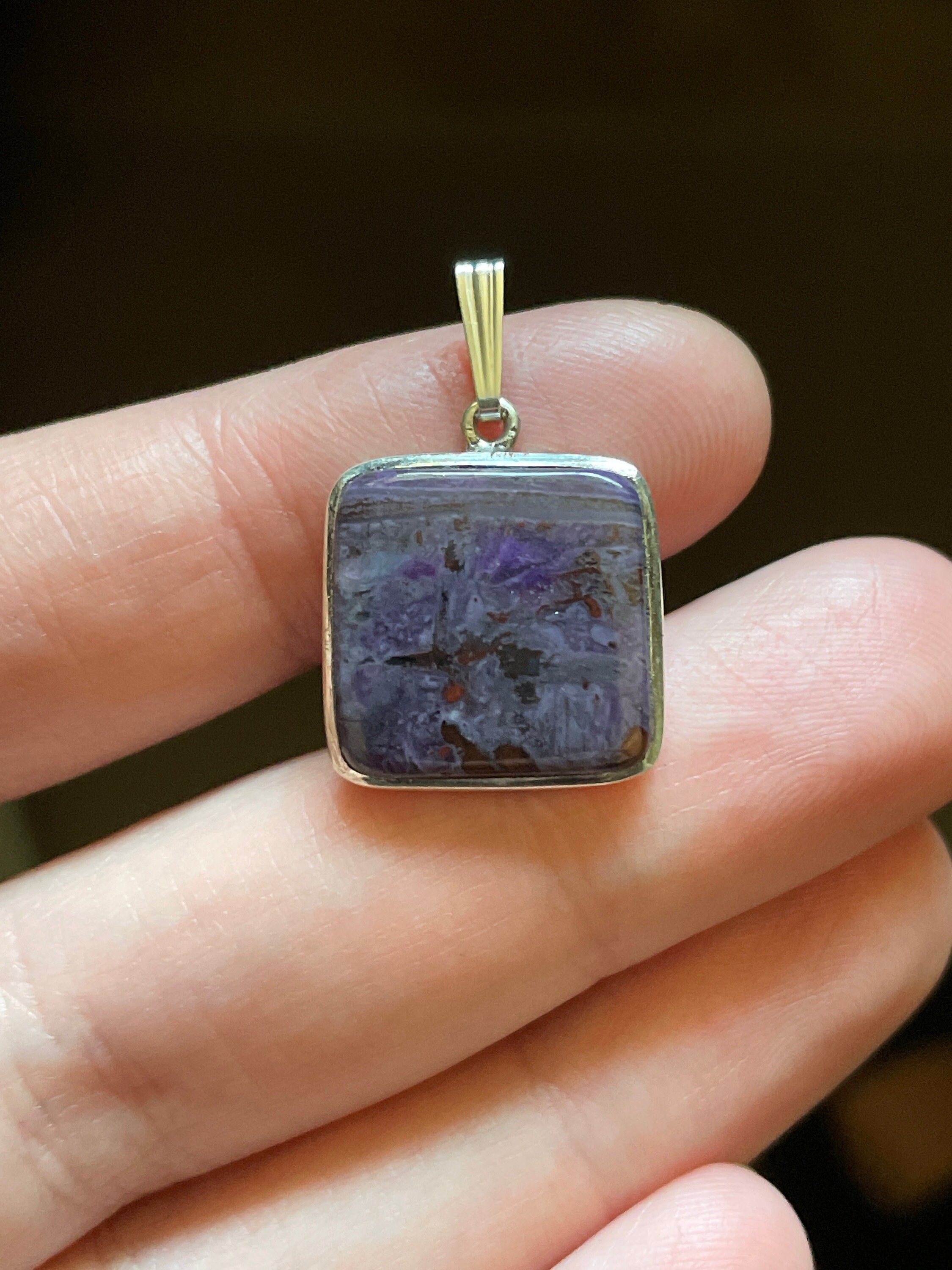 Petite Square Sugilite Pendant - Solid Sterling Silver Setting - Genuine Sugilite With Natural Deep Purple And Black Color - High Vibration