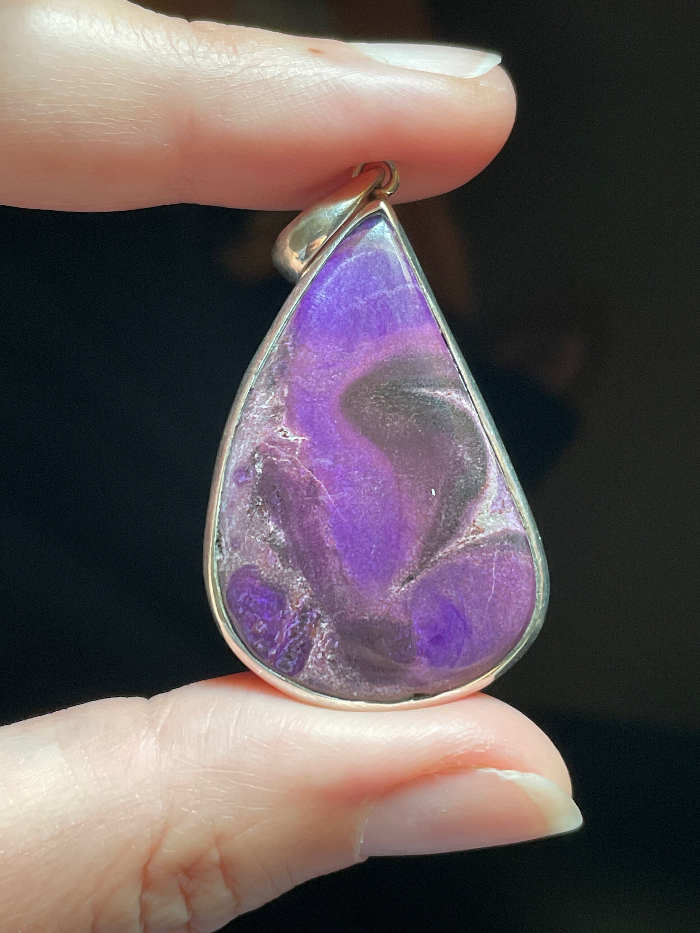 Sugilite Raindrop Pendant - Genuine Sugilite And Sterling Silver - Organic Shape And Natural Plum Purple Color - Swirl Pattern - Love Energy