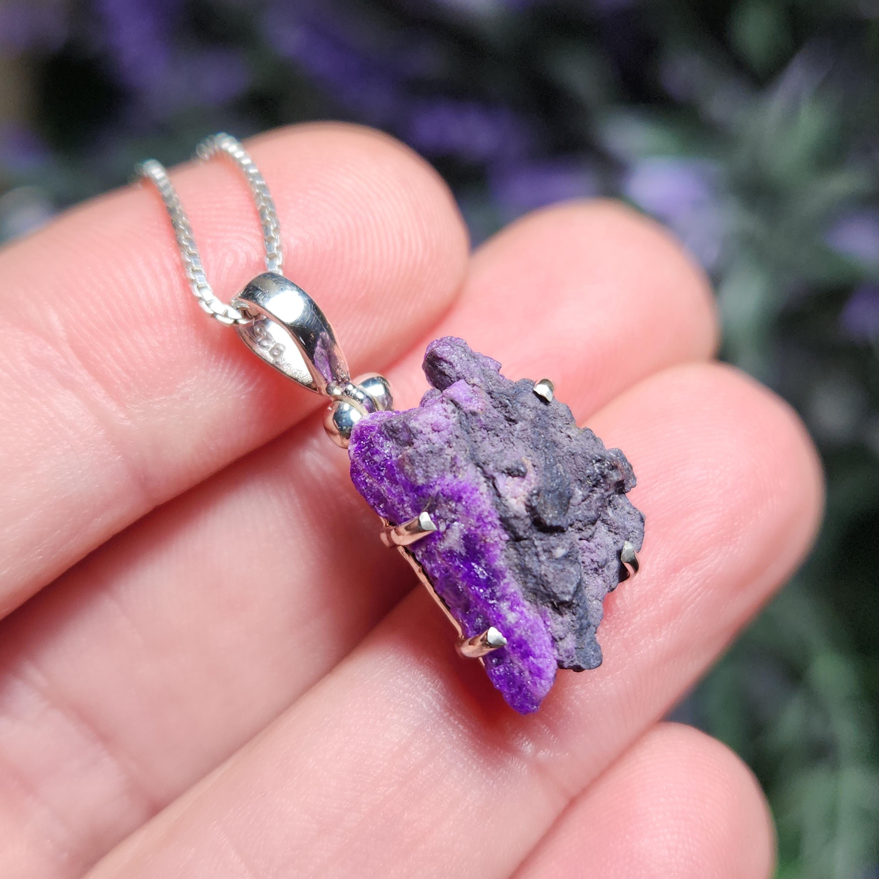 Raw Gel Sugilite Pendant: Sterling Silver Purple Crystal Necklace Raw Gel Sugilite Pendant: Sterling Silver Purple Crystal Necklace