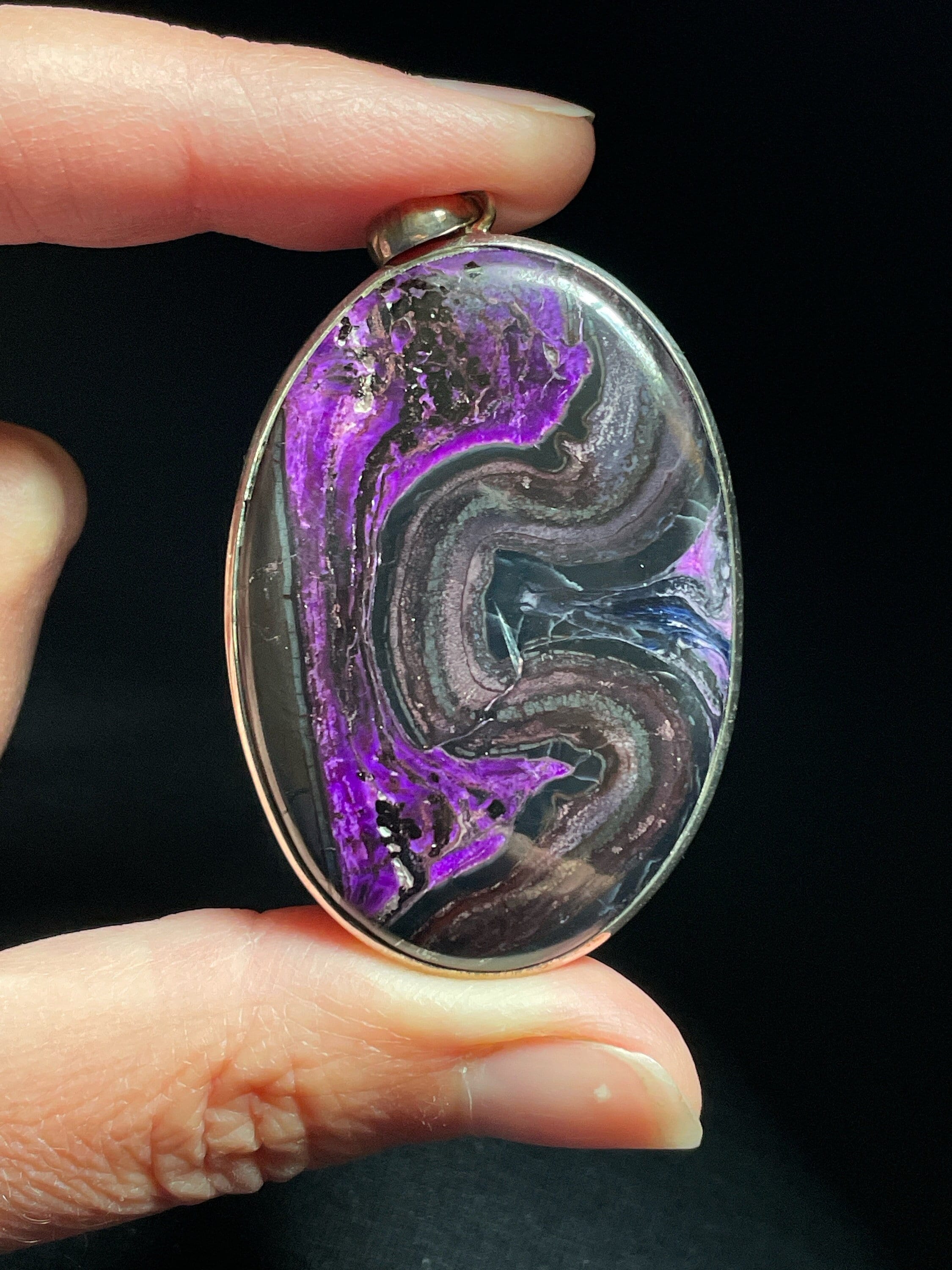 Super Rare Sugilite Swirl Pendant - Gorgeous High Grade Purple - Genuine Sugilite -  Large Oval Solid Sterling Silver Setting - Love Crystal