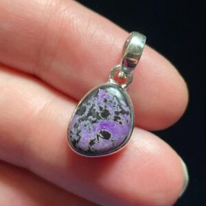 Tiny Sugilite Pendant - Mottled Purple Black Patterns - Genuine Sugilite - Handmade With Solid Sterling Silver - Pebble Shape - Self Love