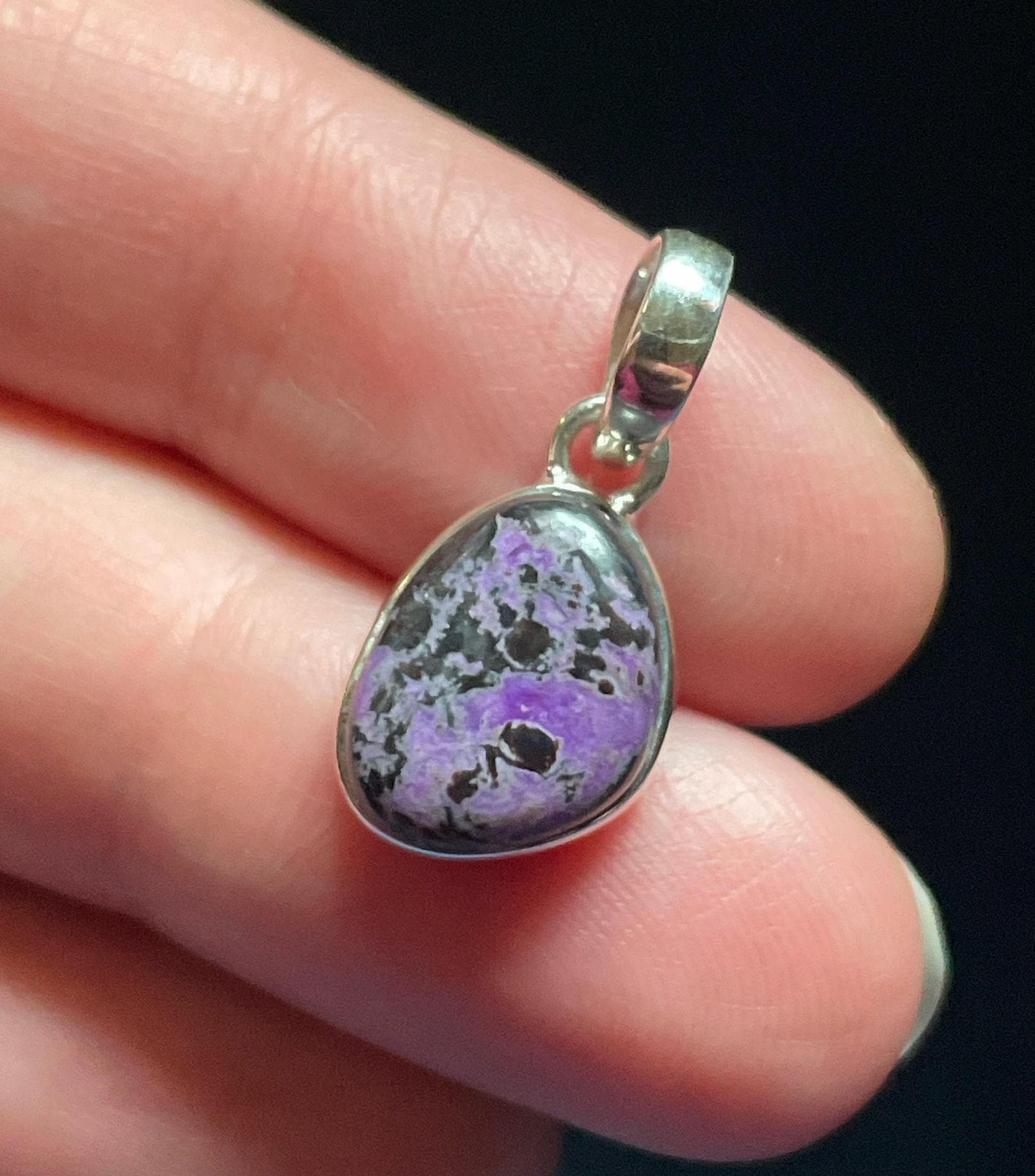 Tiny Sugilite Pendant - Mottled Purple Black Patterns - Genuine Sugilite - Handmade With Solid Sterling Silver - Pebble Shape - Self Love