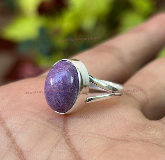 Oval Sugilite Gemstone Ring: Dainty 925 Sterling Silver Boho Ring