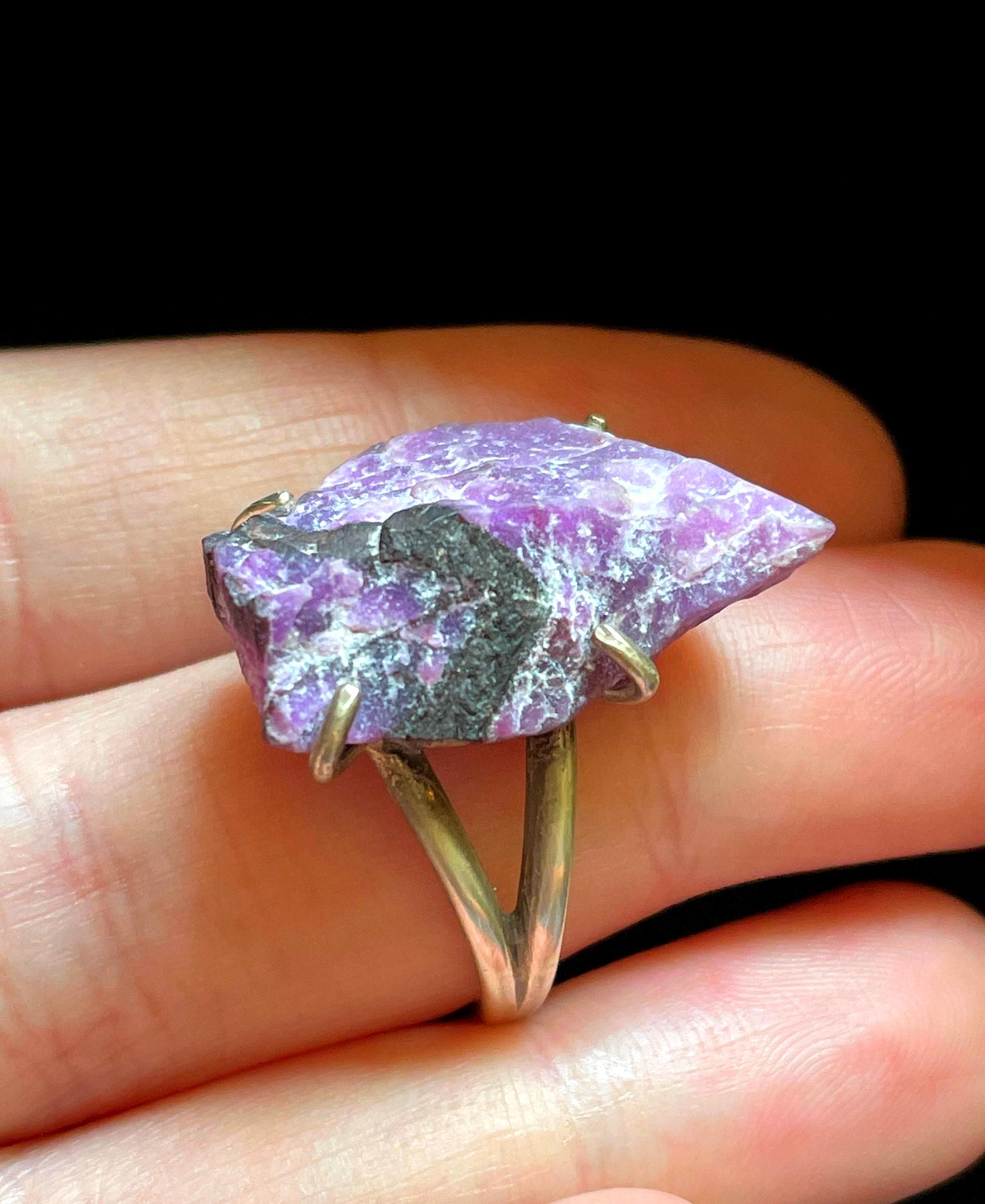 Raw Sugilite Ring - Us Size 9 - Genuine Sugilite - Sterling Silver Prong Setting - Natural Bright Purple And Black Color - Energy Healing