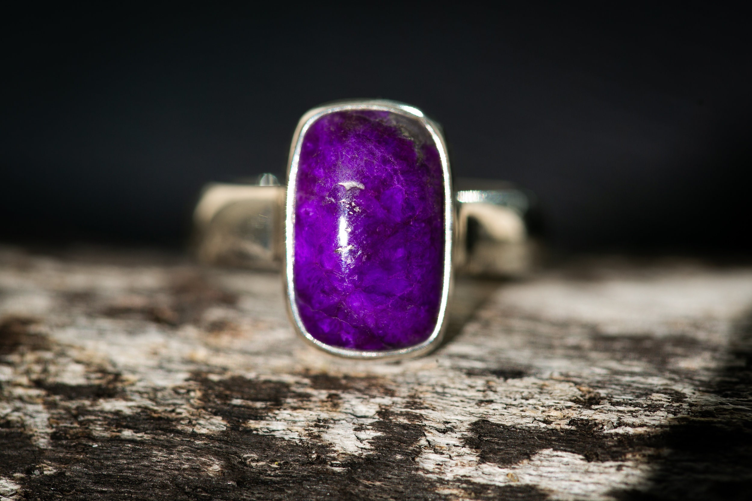 Sterling Silver Sugilite Ring - Natural Rock, Size 9.5