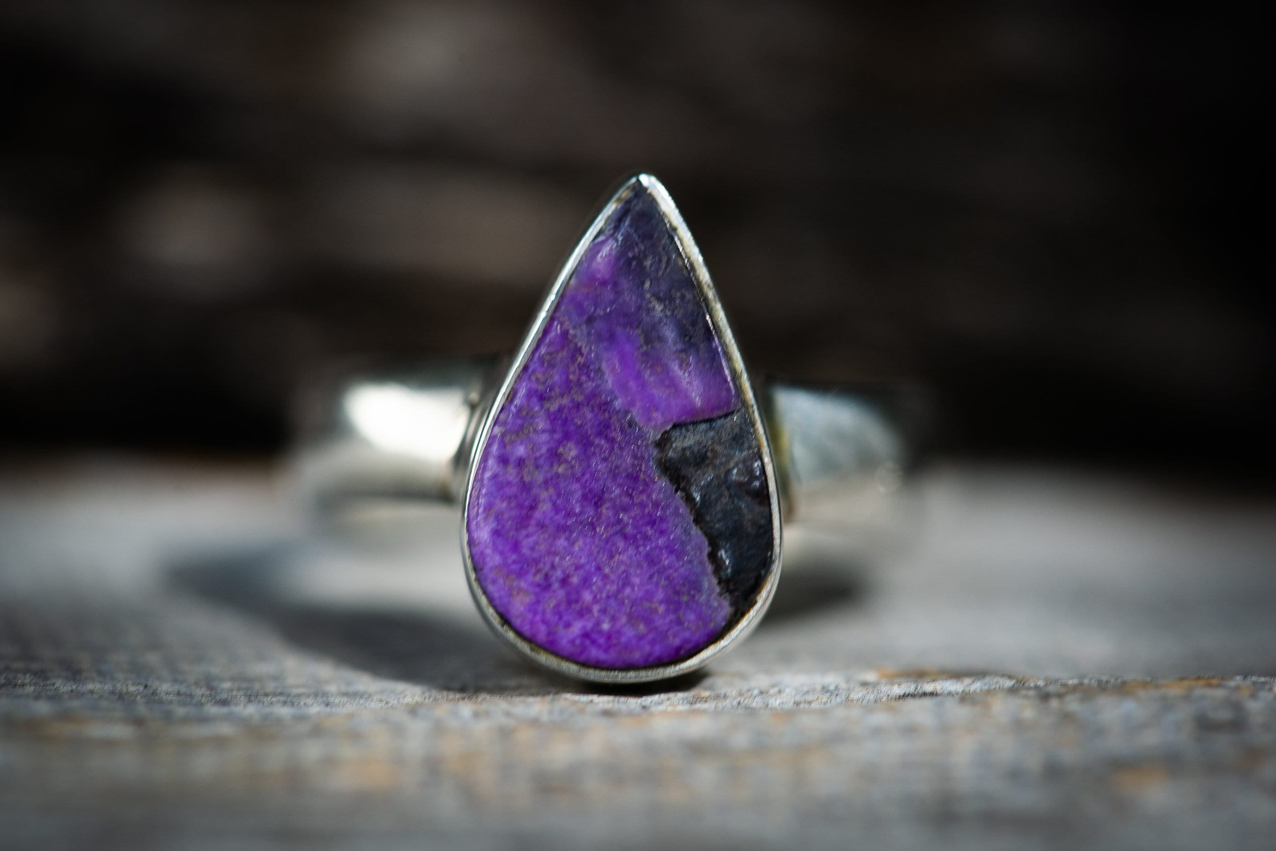 Sugilite Sterling Silver Ring - Teardrop Purple Gemstone, Size 9