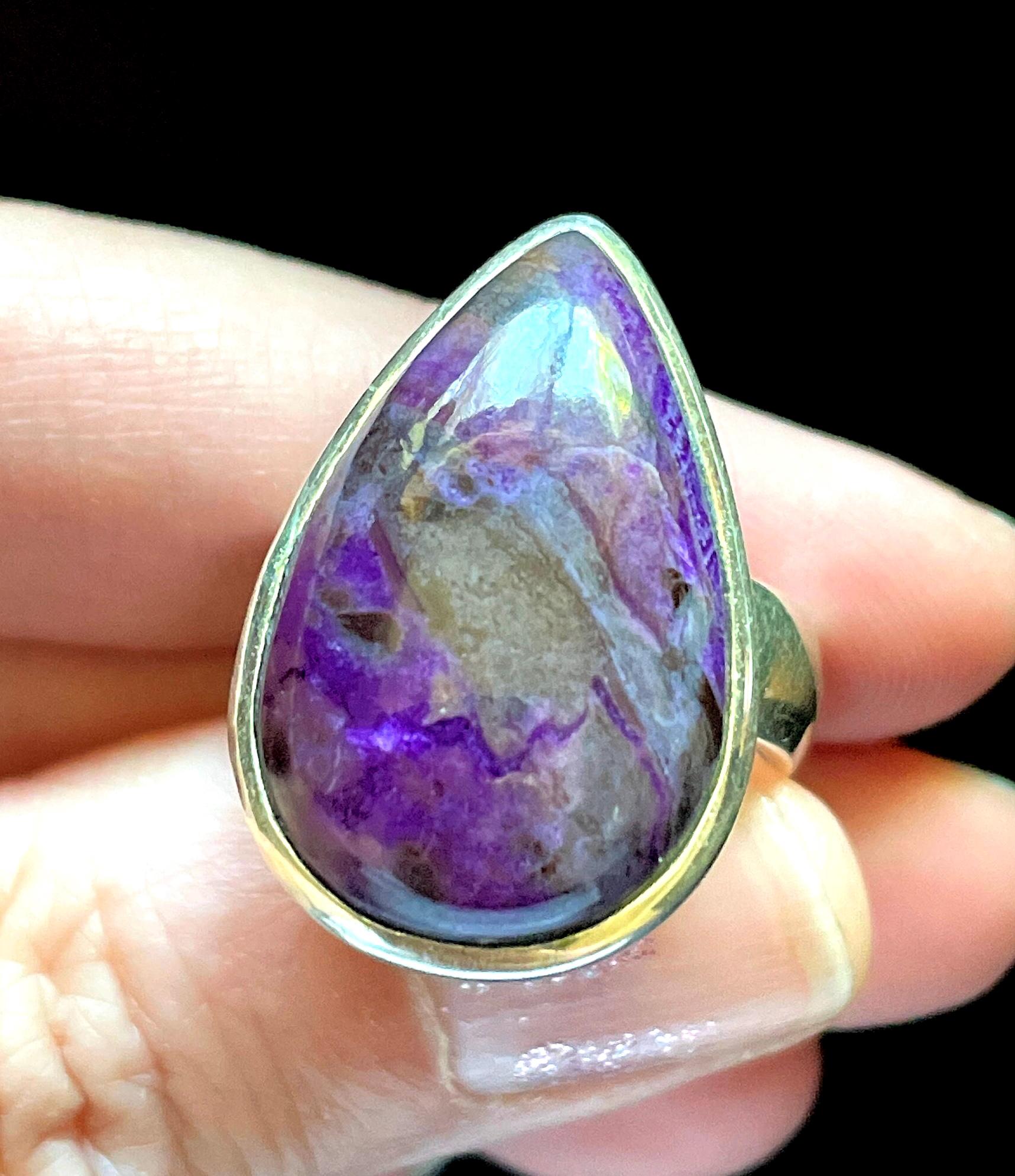 Sugilite Teardrop Ring - Size 8.5 Us - Deep Purple And Grey - Genuine Sugilite From South Africa - Solid Sterling Silver - Energy Healing