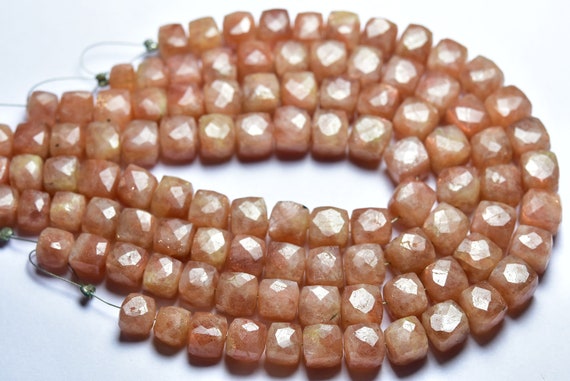 7.5 Inches - Natural Faceted Sunstone Cube,box Briolettes - Size Is 6.5-8 Mm #1707
