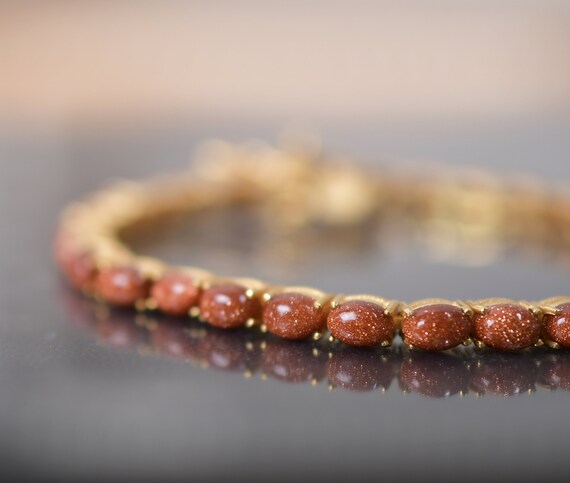Sunstone Chain Bracelet, Sterling Silver, Vintage Bridal Jewelry