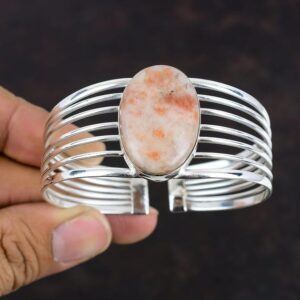 Handmade Sunstone Cuff Bracelet: Adjustable 925 Sterling Silver Bangle