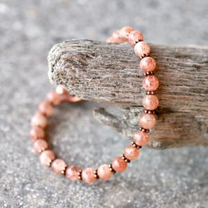 Shimmery Sunstone Gemstone Bracelet, Bali Copper Spacers, Stacking Jewelry