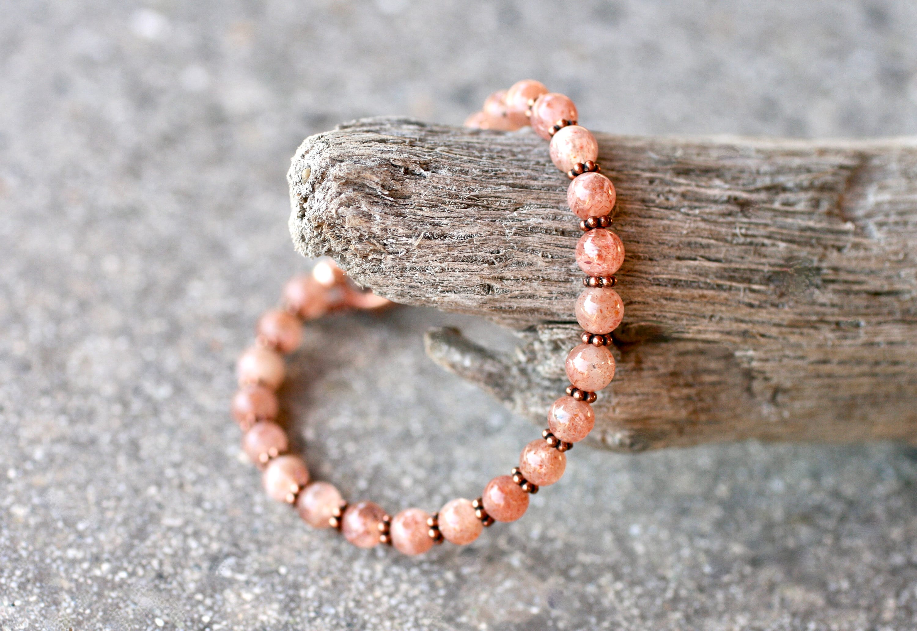 Shimmery Sunstone Gemstone Bracelet, Bali Copper Spacers, Stacking Jewelry