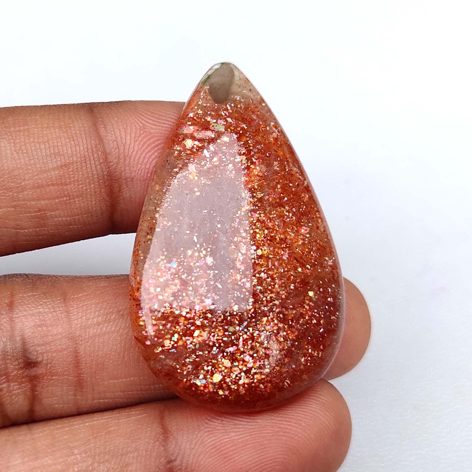 Massive~ Orange Red Sparkle Sunstone Cabochon. Rainbow Lattice Sunstone. Natural Sunstone Gemstone. Pear Sunstone For Jewelry 58 Cts Mx-8257