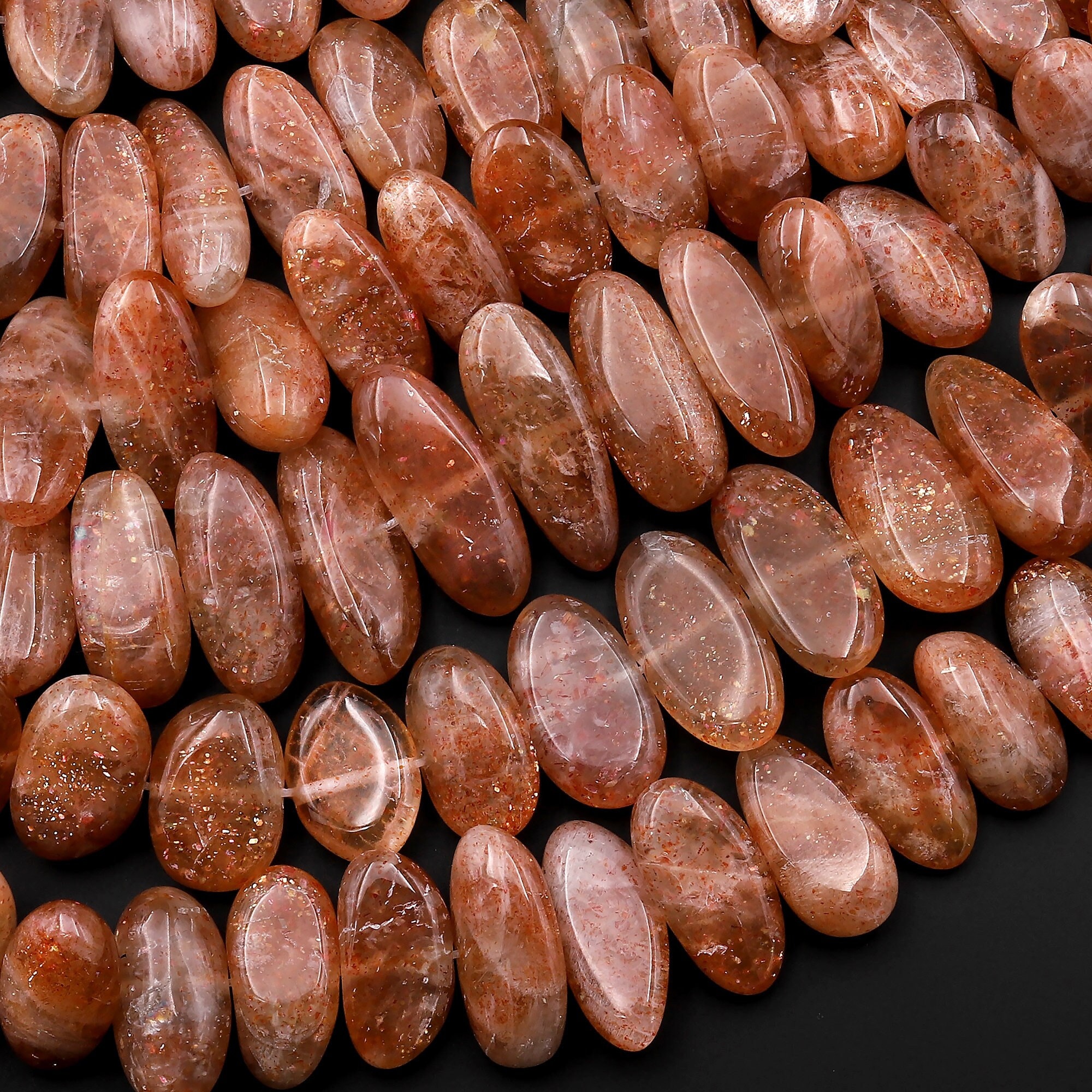 Fiery Natural Sunstone Oval Nugget Beads Center Drilled Sparkling Golden Feldspar Orange Red Gemstone 15.5" Strand