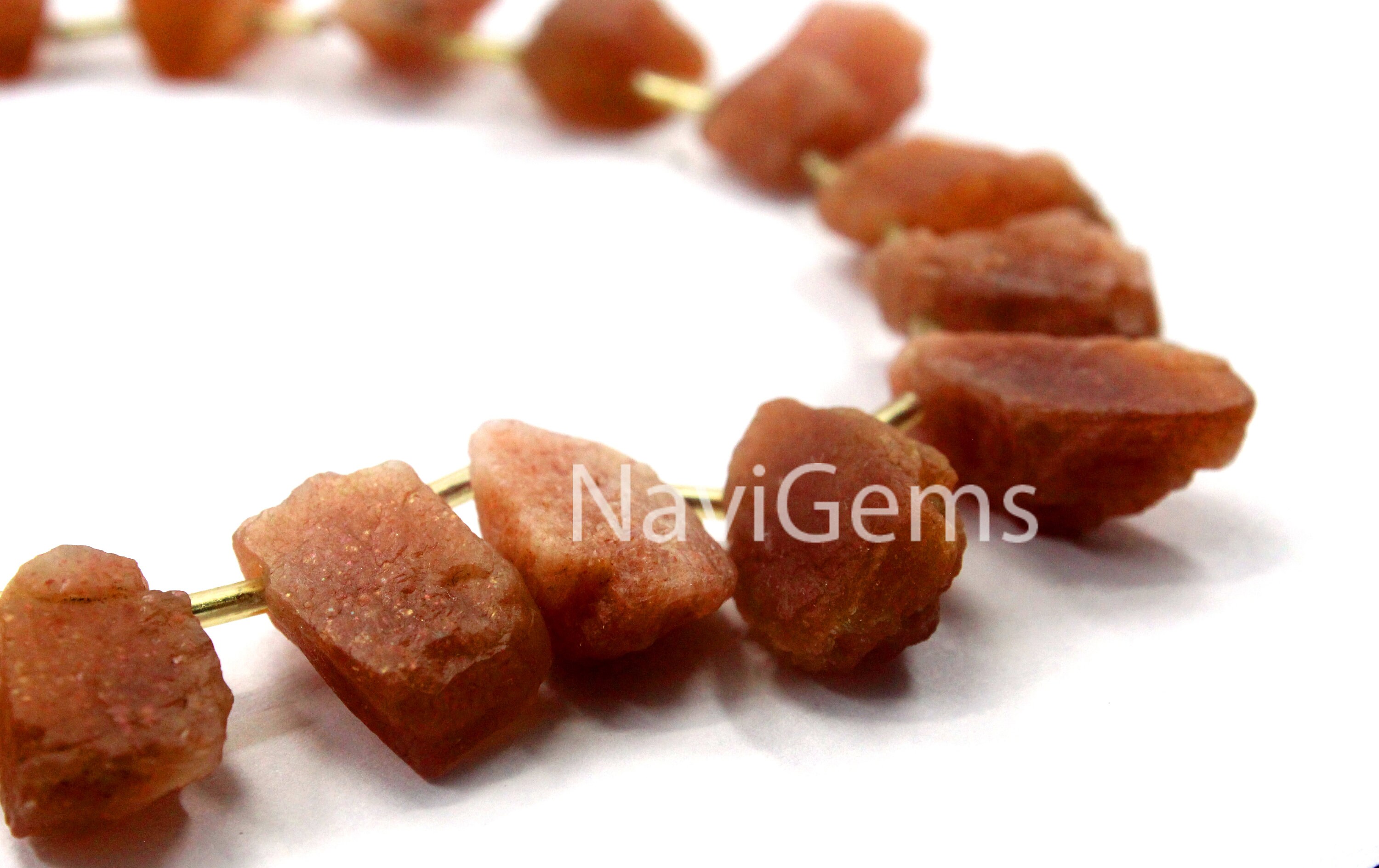 Raw Sunstone Gemstone Strand: Uneven Rough Cut, Side Drilled (9x13-14x21 Mm)