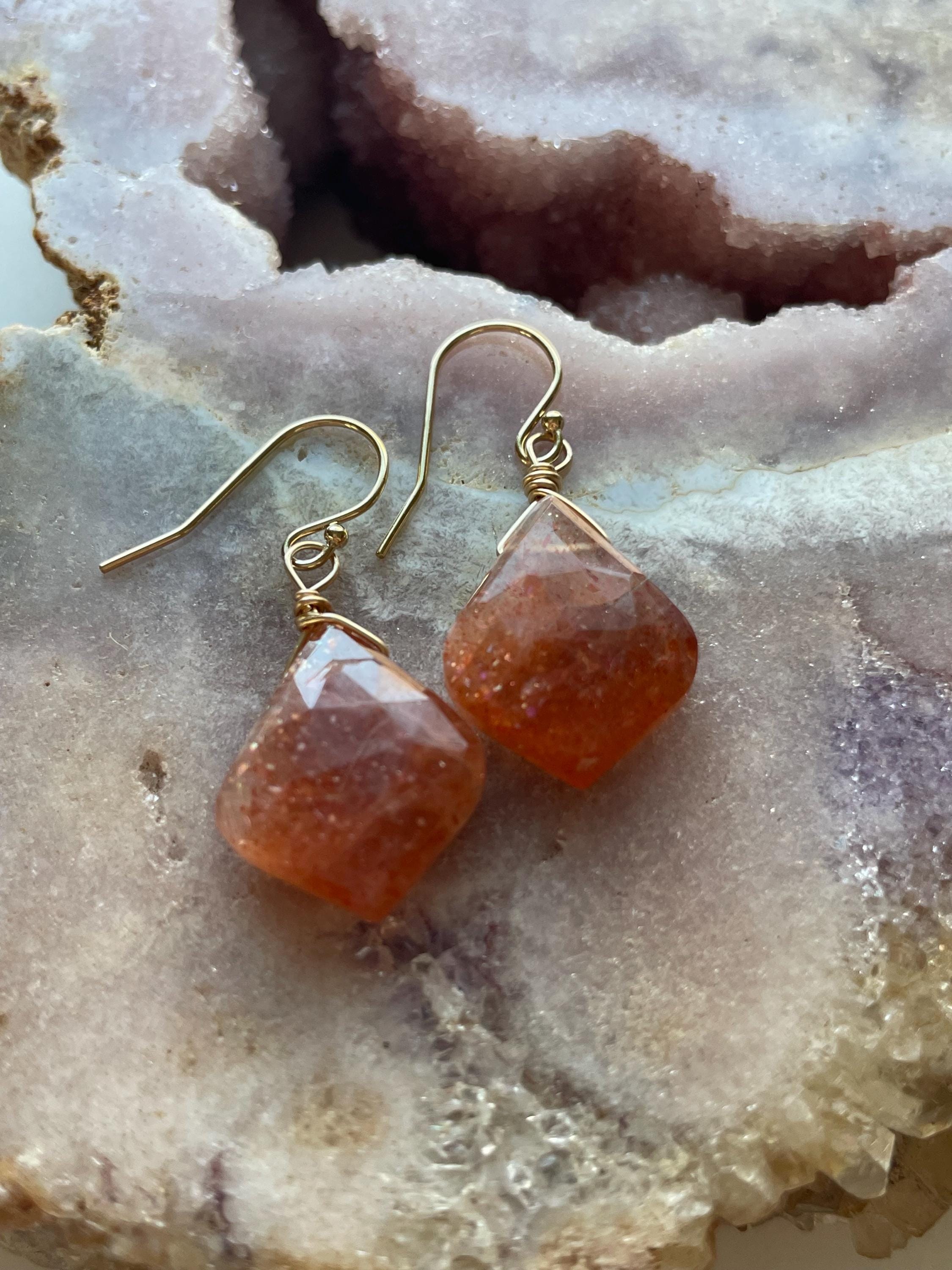 14k Gold Fill Sunstone Earrings: Boho Dangle Statement Jewelry