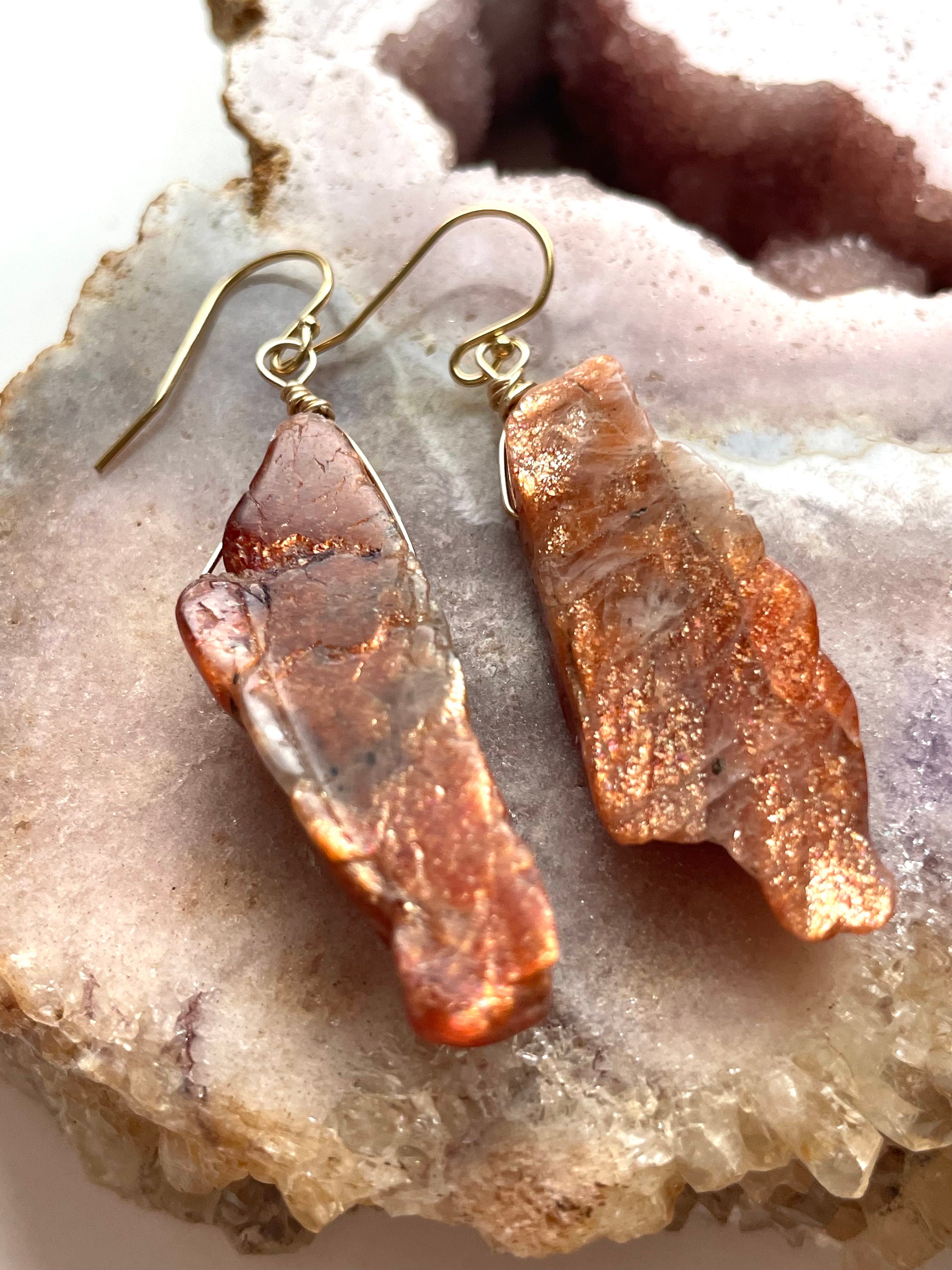 Sunstone Earrings: 14k Gold Fill Dangle, Boho Chic Style