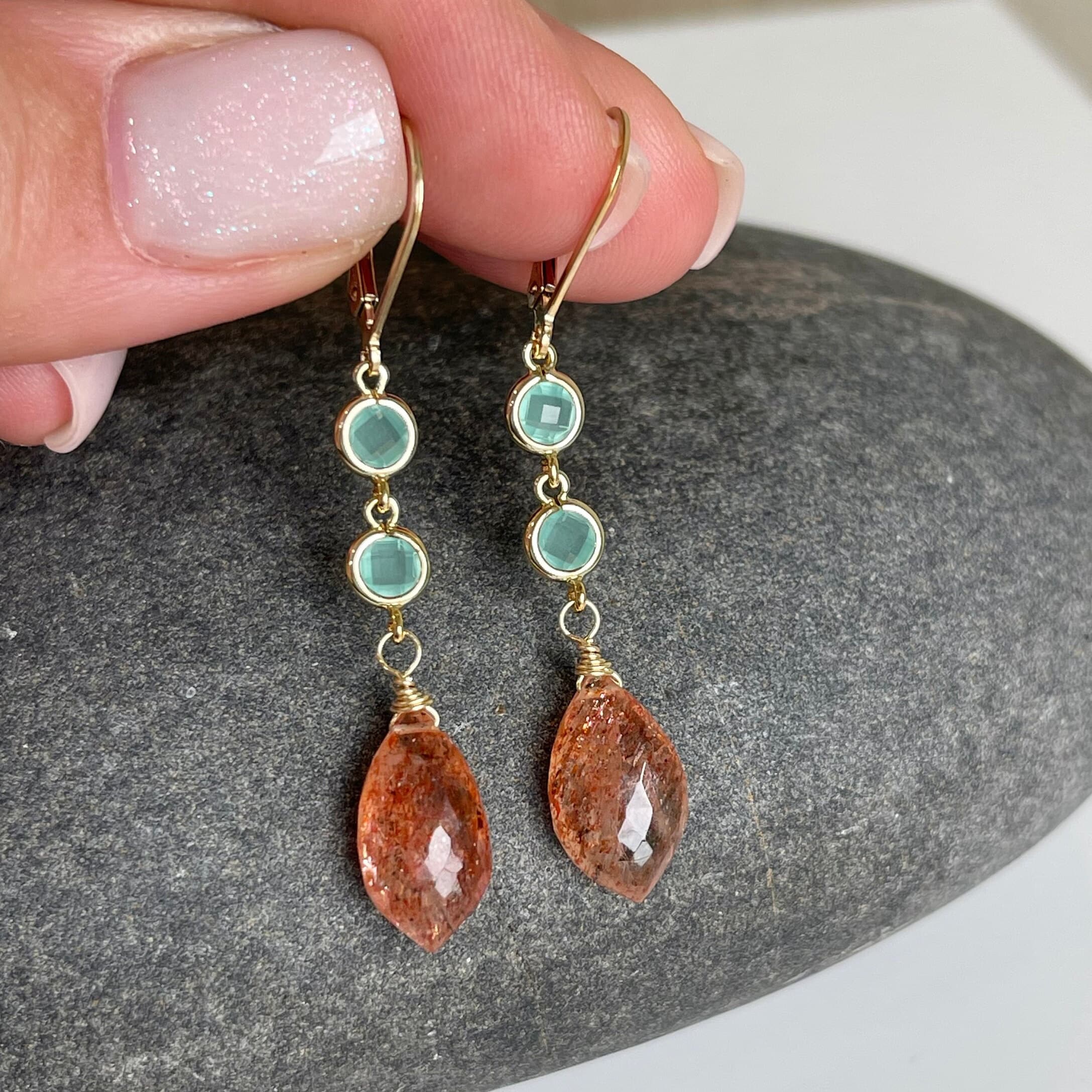 Aqua Chalcedony And Sunstone Earrings, Light Blue And Orange Elongated Earrings, Sparkly Statement Drops In Gold Summer Jewelry Gift For Mom Aqua Chalcedony And Sunstone Earrings, Light Blue And Orange Elongated Earrings, Sparkly Statement Drops In Gold Summer Jewelry Gift For Mom