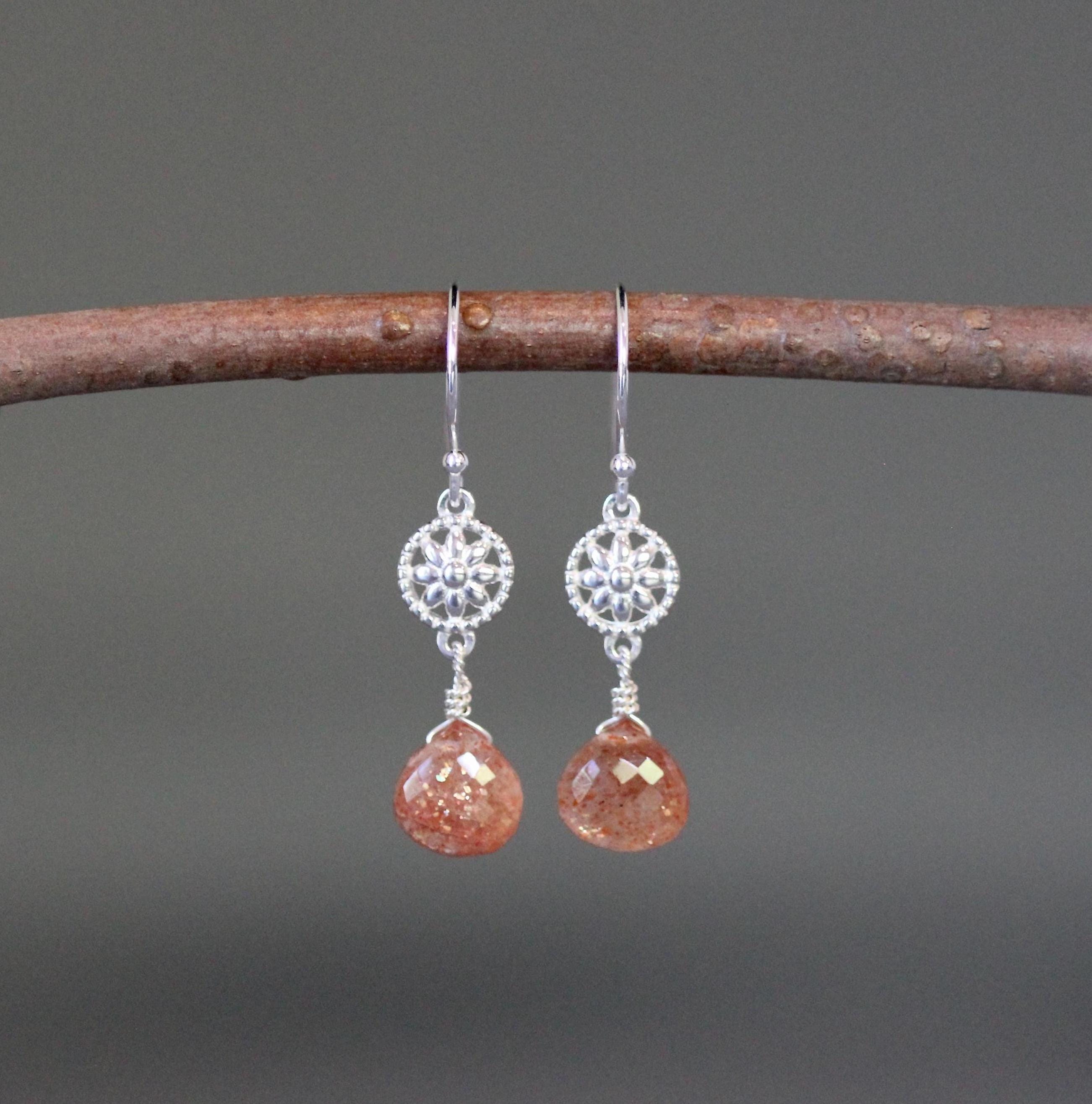 Sunstone Earrings - Bali Silver Earrings - Orange Gemstone Earrings - Orange And Silver Earrings - Sterling Silver Earrings - Silver Flowers