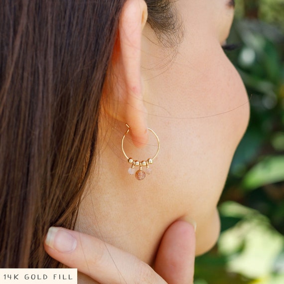Sunstone Bead Drop Hoop Earrings – Dainty Gemstone, Light Jewelry
