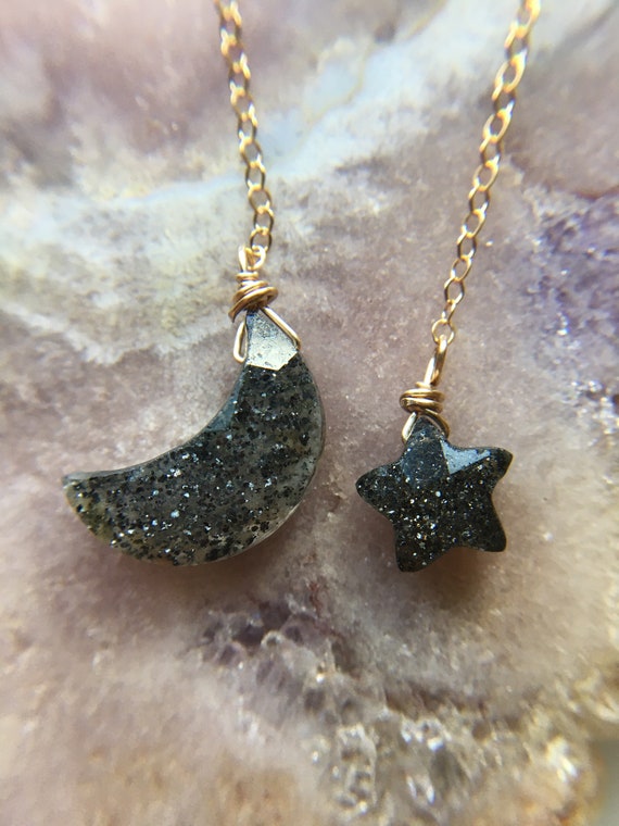 Black Sunstone Moon And Star Earrings: Witchy Celestial Jewelry