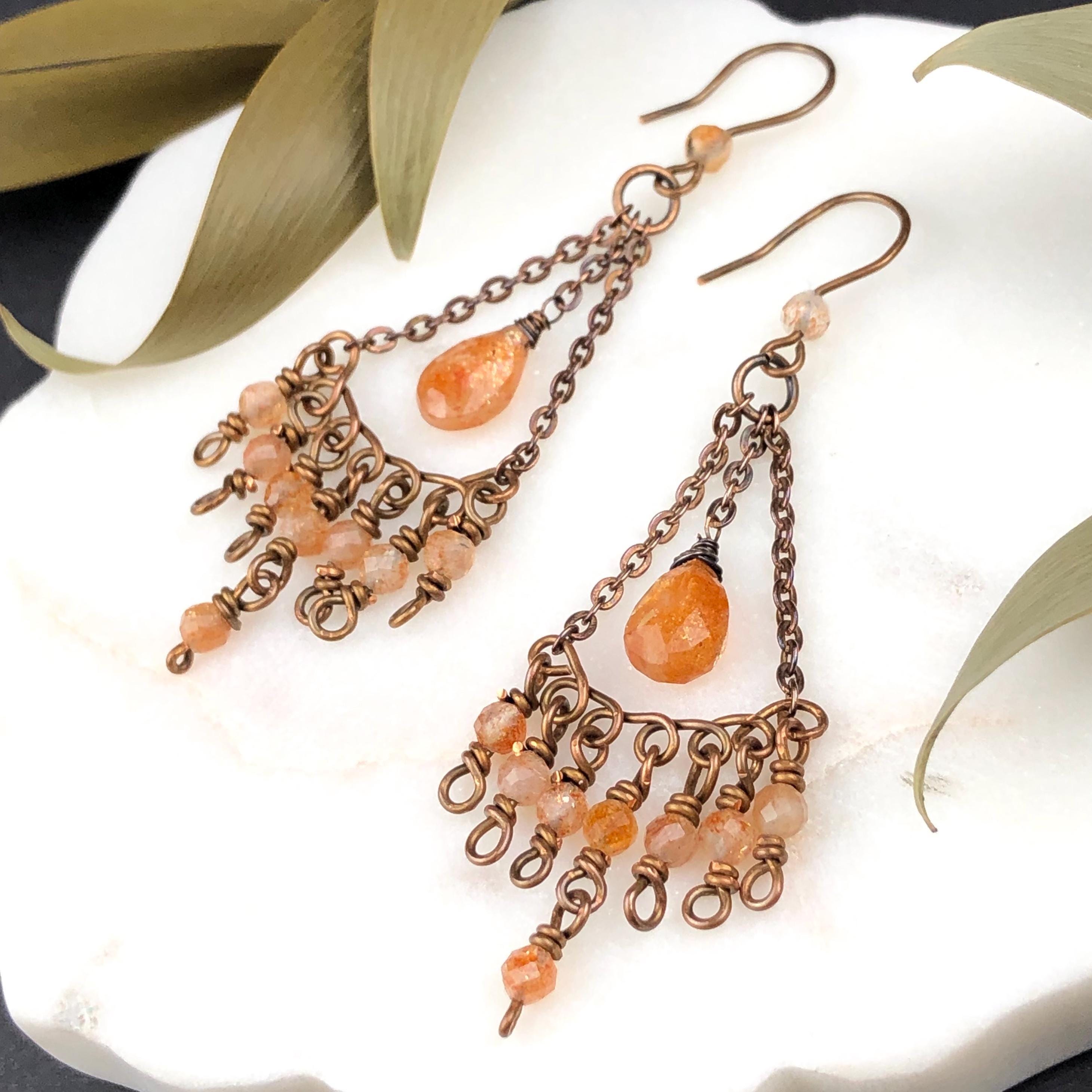 Sunstone Chandelier Earrings, Handmade Copper Wire Wrapped Long Dangle Drops 8349