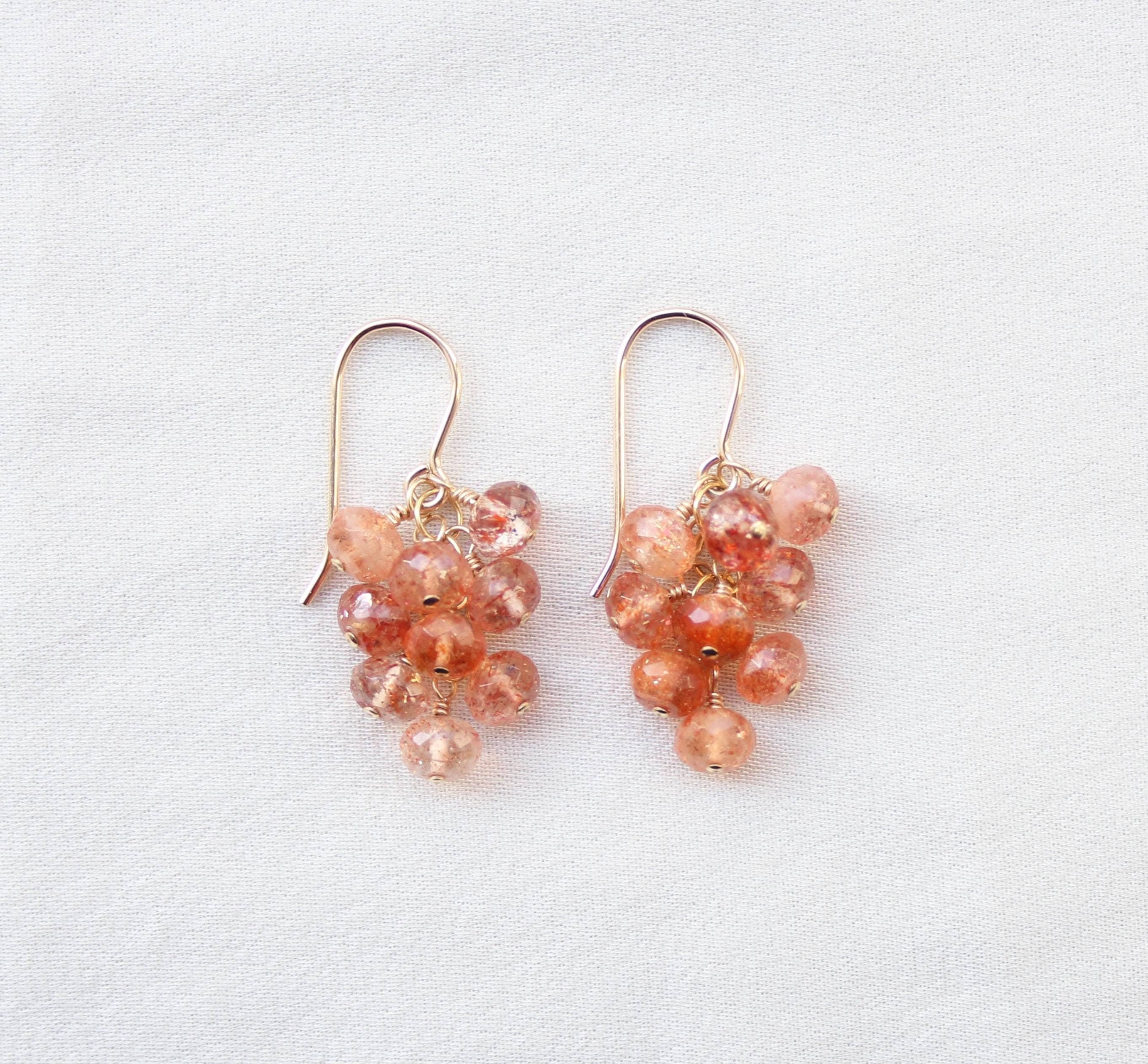 Natural Sunstone Cluster Earrings: Orange Gemstone,  14k Gold Filled Or Sterling Silver