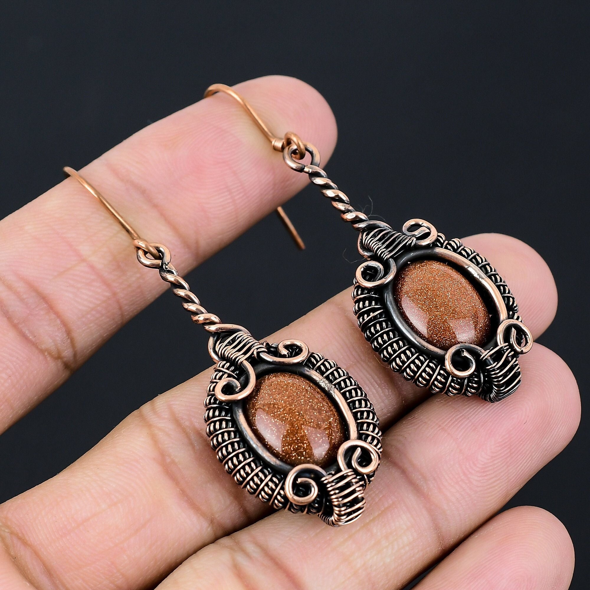 Sunstone Earrings Copper Wire Wrapped Earrings Sunstone Gemstone Earrings Copper Jewelry Handmade Jewelry Wedding & Holiday Jewelry For Her