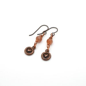 Dainty copper heart charm earrings with sunstone beads, 1 5/8 inches long Dainty copper heart charm earrings with sunstone beads, 1 5/8 inches long